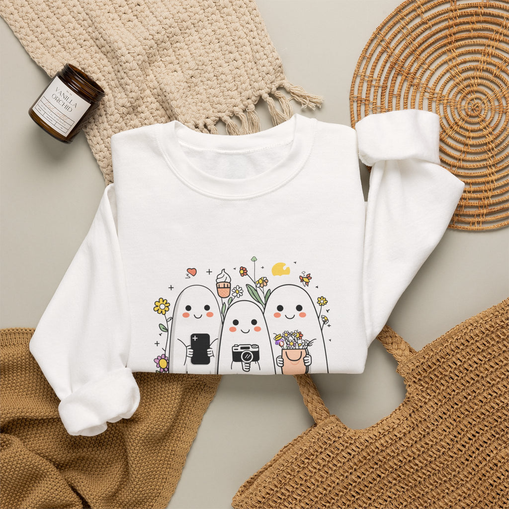 Kawaii Ghost Friends Crewneck Sweatshirt – Cute Cottagecore Aesthetic Pullover, Floral Halloween Sweatshirt, Cozy Gift for Her, Unisex Crew Neck