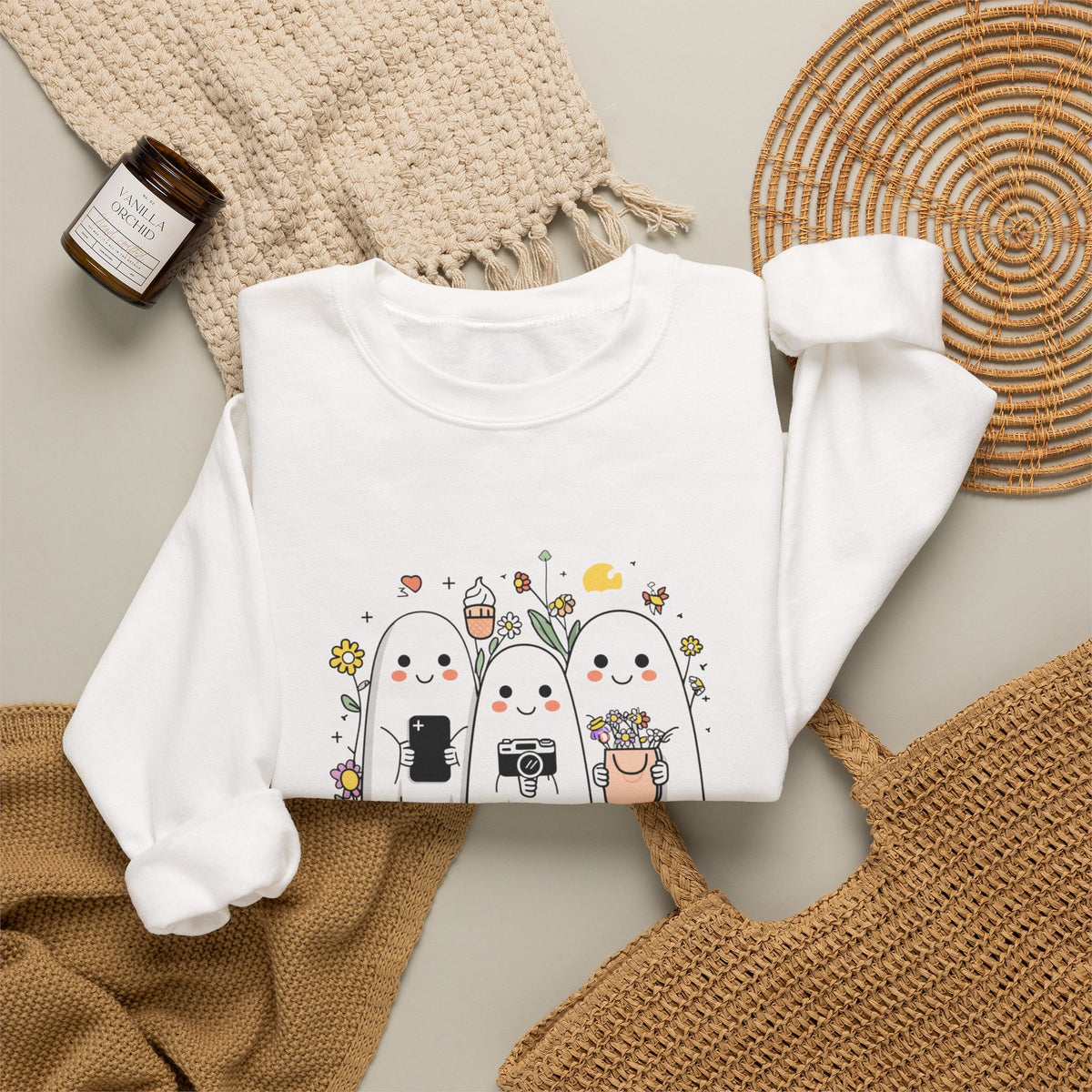 Kawaii Ghost Friends Crewneck Sweatshirt – Cute Cottagecore Aesthetic Pullover, Floral Halloween Sweatshirt, Cozy Gift for Her, Unisex Crew Neck