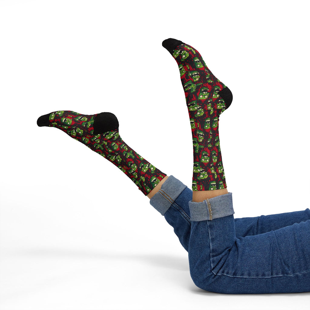Zombie Heads Halloween crew socks, neon green horror print