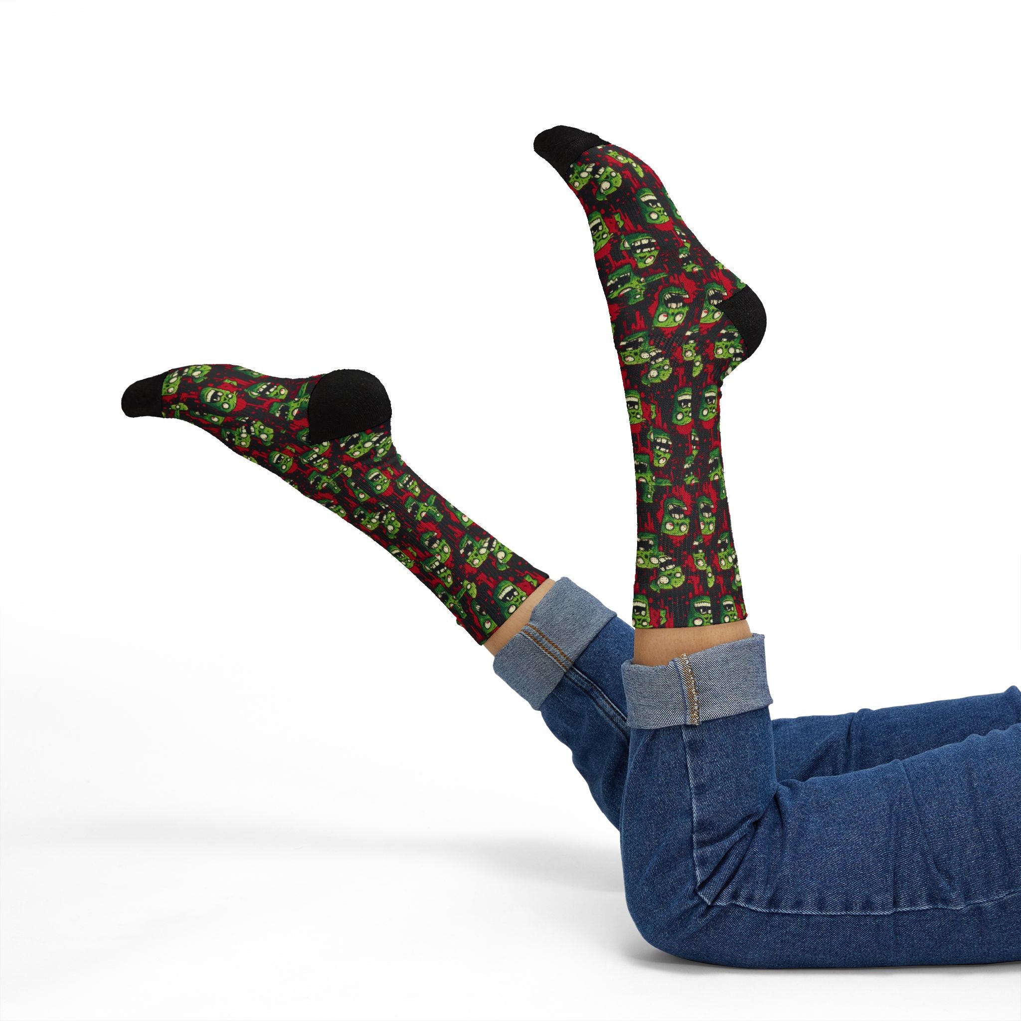 Zombie Heads Halloween crew socks, neon green horror print