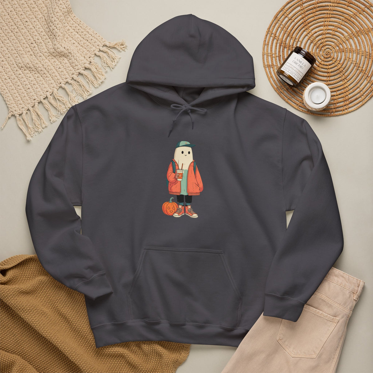 Streetwear Ghost Pumpkin Spice Hoodie – Cute Fall Graphic Sweatshirt, Halloween Coffee Run Pullover, Cozy Autumn Gift, Unisex Hooded Sweatshirt