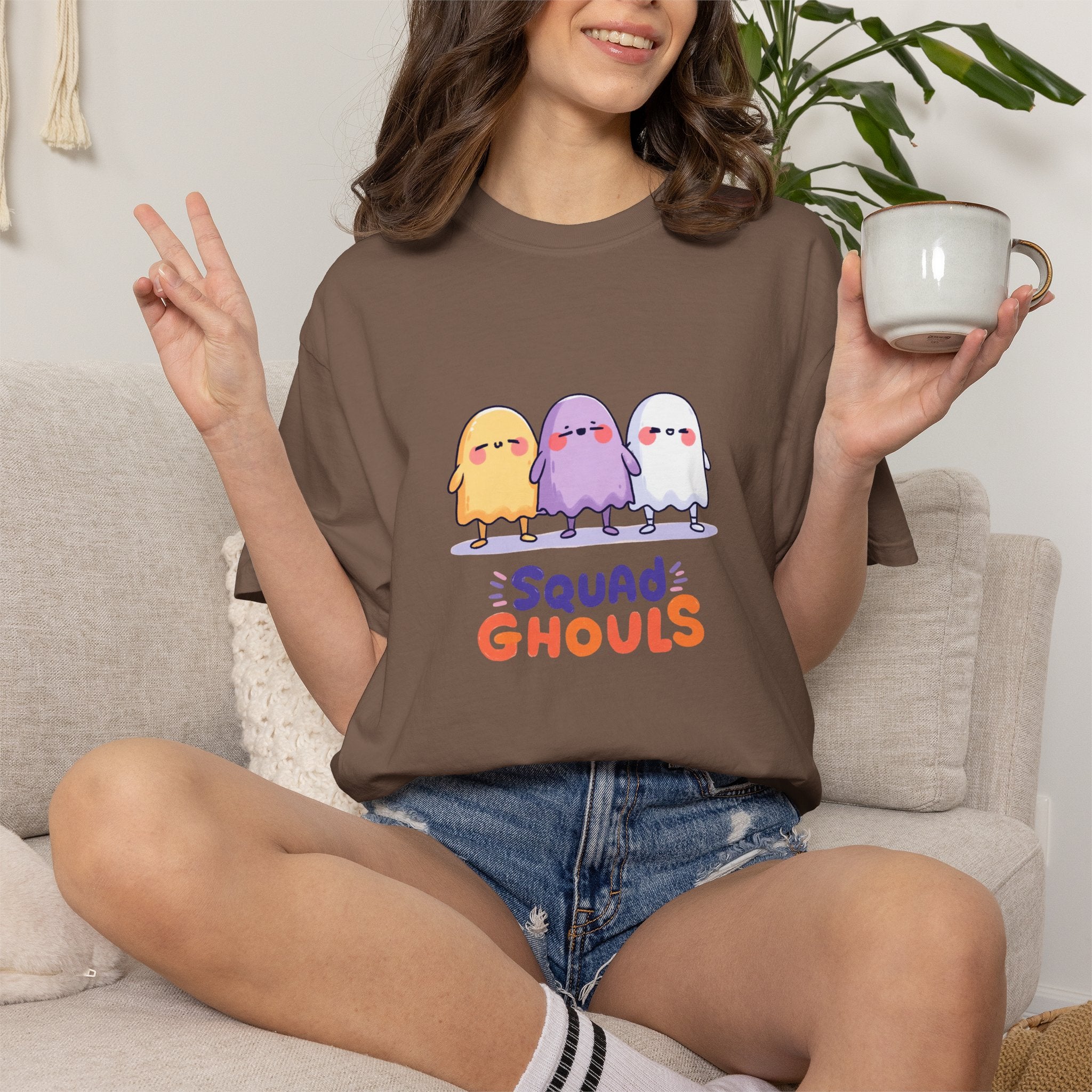 Squad Ghouls cute ghost graphic tee, oversized streetwear Halloween shirt