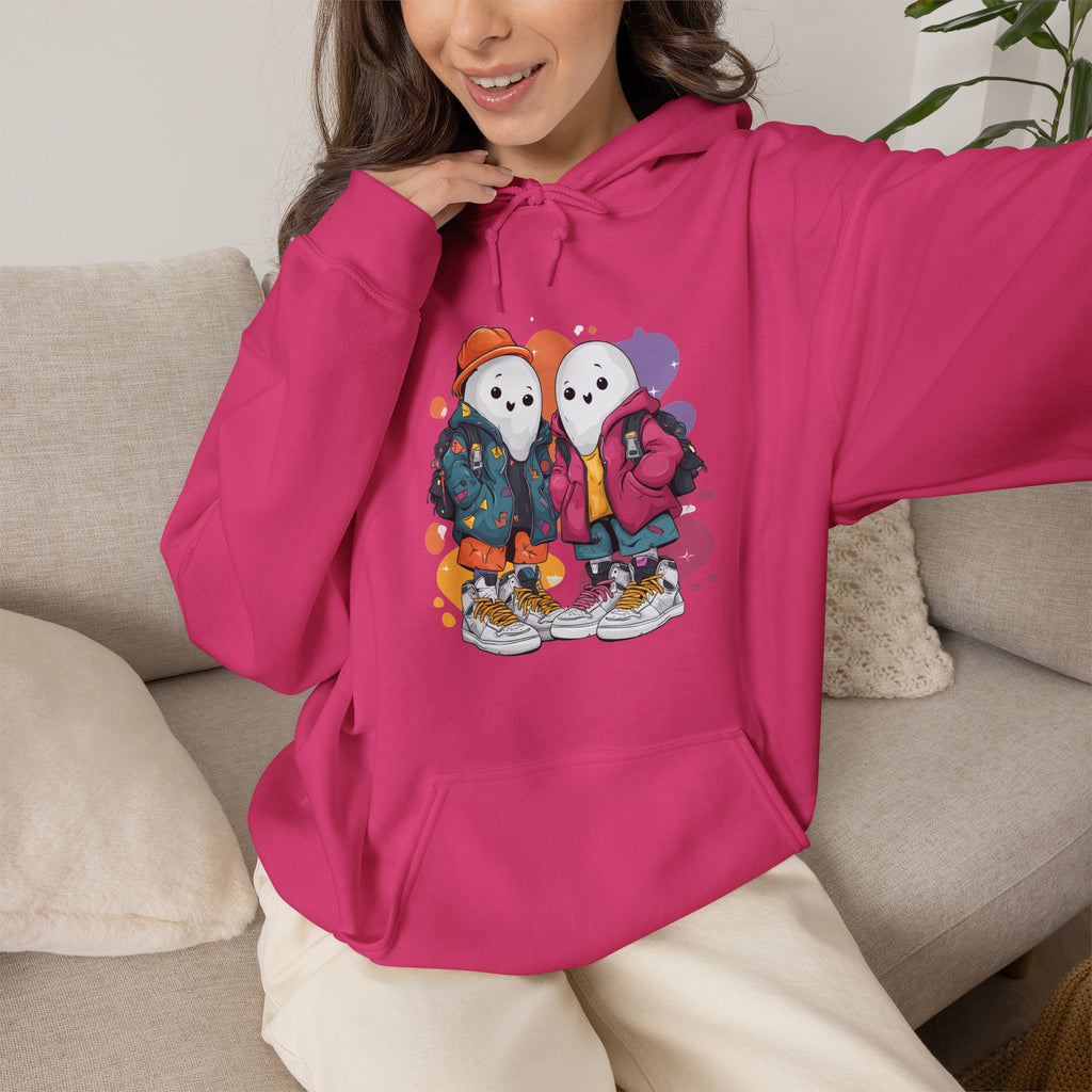 Streetwear Ghost Best Friends Hoodie – Cute Graphic Skater Ghosts Pullover, Matching BFF Sweatshirt, Halloween & Winter Holiday Gift, Unisex Hooded Sweatshirt