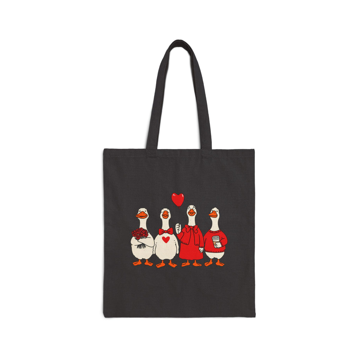 Valentine duck tote bag design close-up