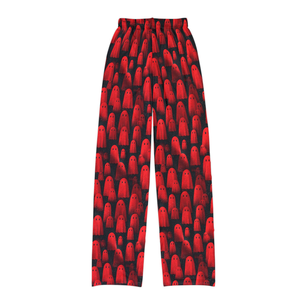 Close-up of kids red ghost print pajama pants fabric