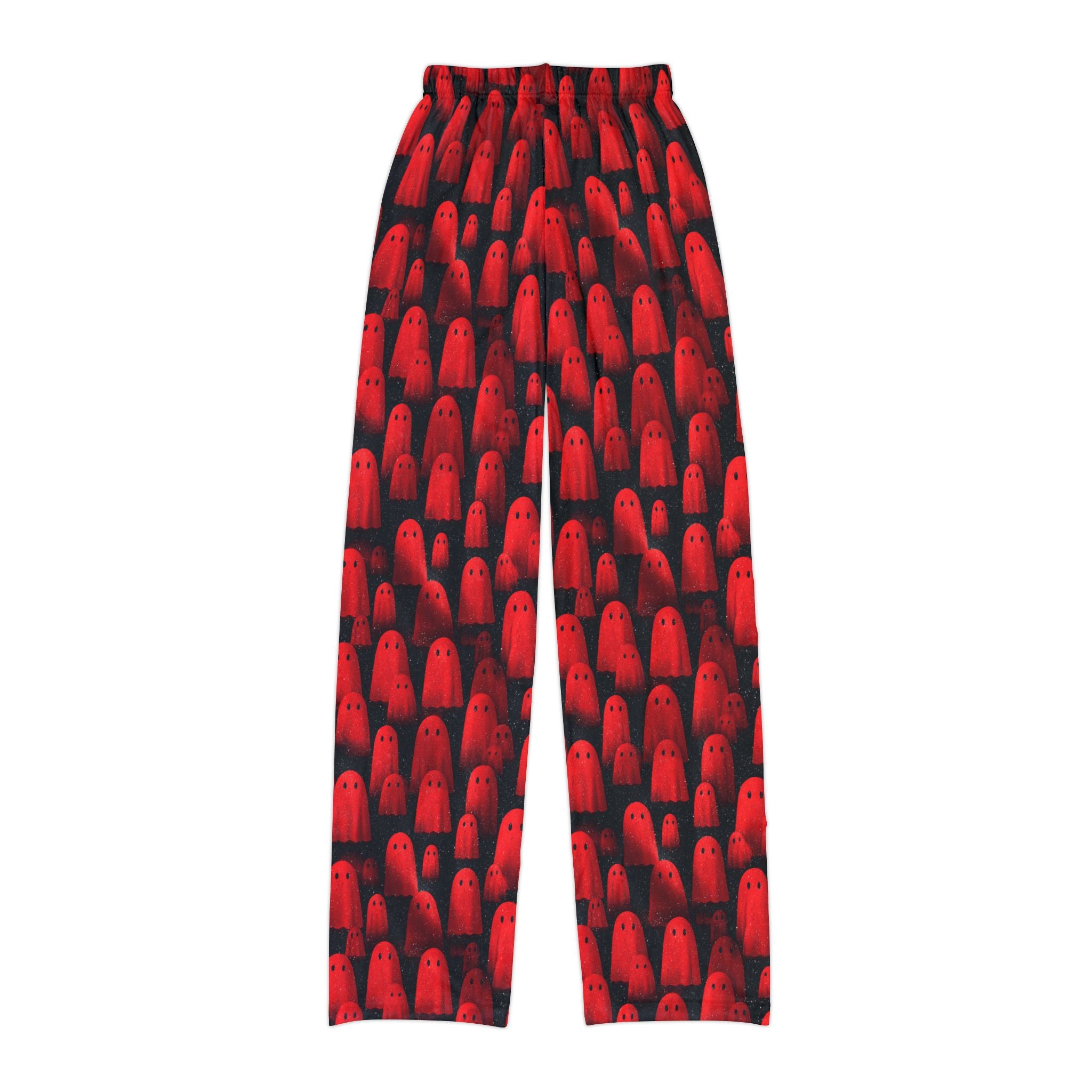 Close-up of kids red ghost print pajama pants fabric