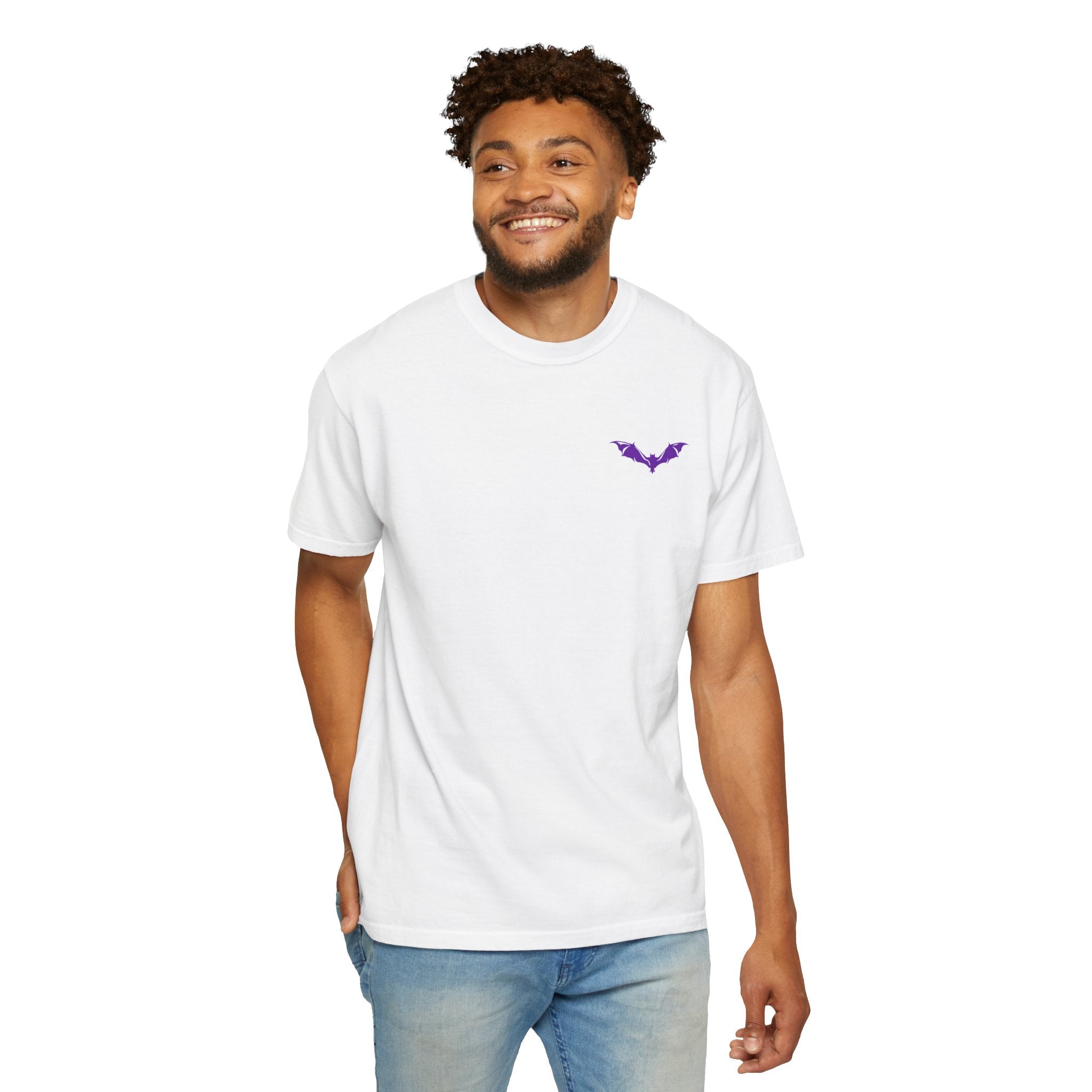 ​"White minimalist streetwear t-shirt featuring a small purple bat graphic print on the chest."