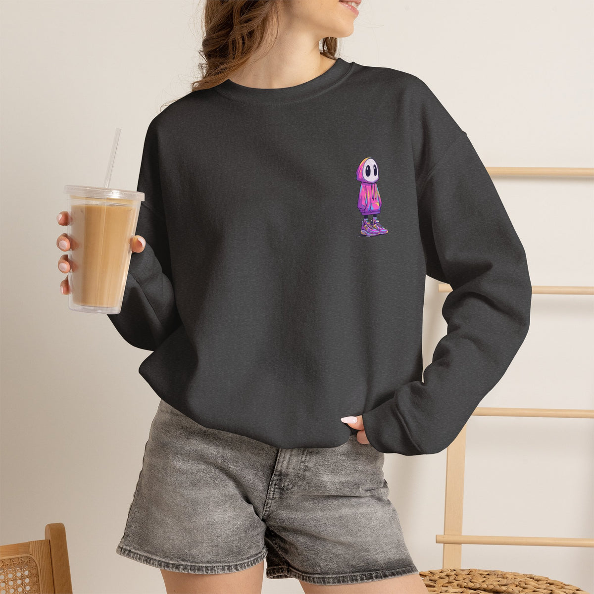 Cute Ghost Crewneck Sweatshirt – Minimalist Embroidered Streetwear Pullover, Cozy Halloween Sweatshirt, Aesthetic Fall Gift, Unisex Crew Neck