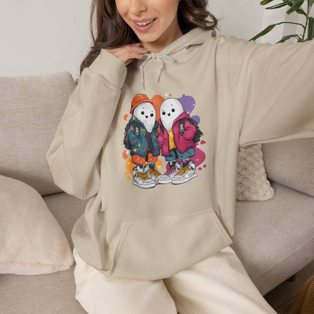 Streetwear Ghost Best Friends Hoodie – Cute Graphic Skater Ghosts Pullover, Matching BFF Sweatshirt, Halloween & Winter Holiday Gift, Unisex Hooded Sweatshirt