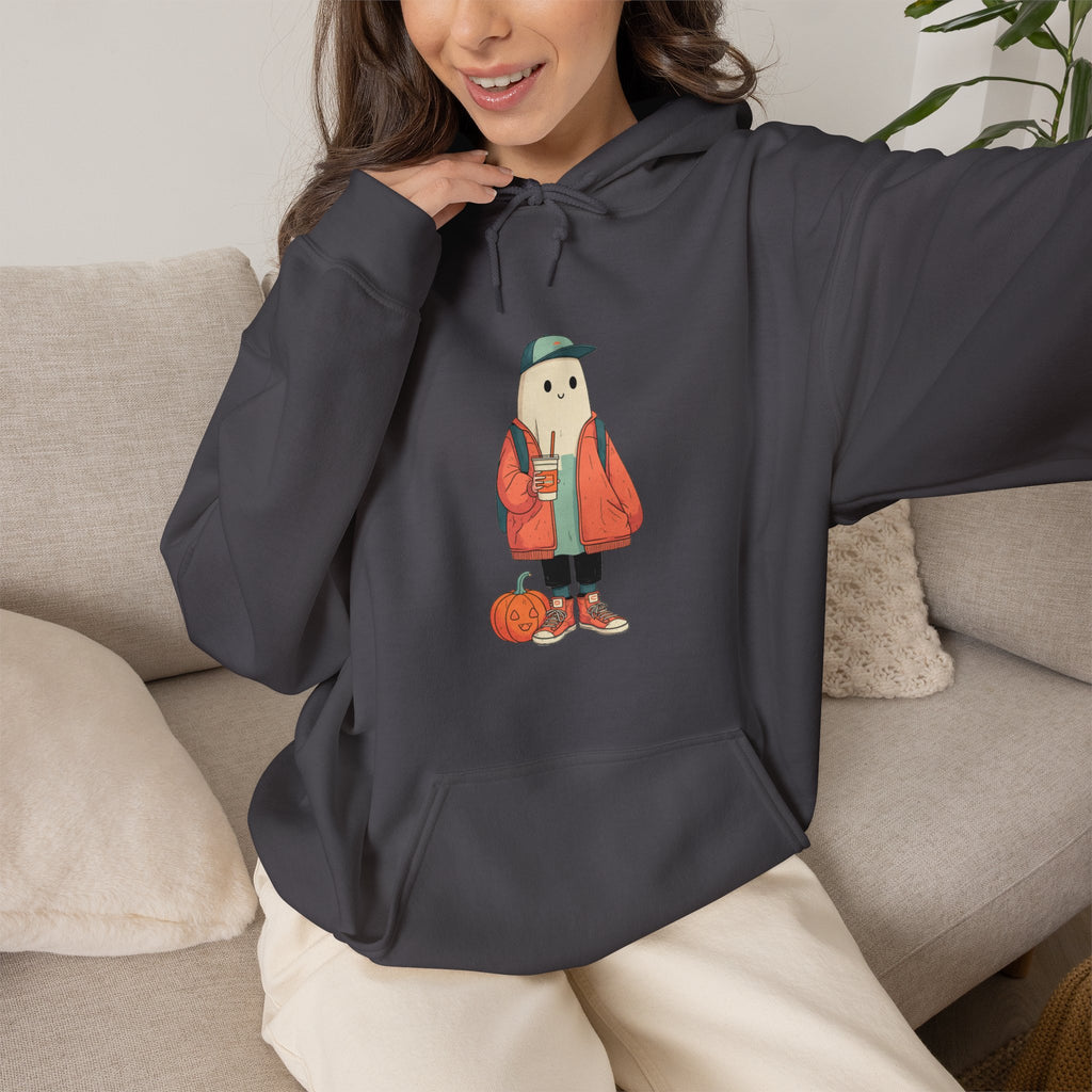 Streetwear Ghost Pumpkin Spice Hoodie – Cute Fall Graphic Sweatshirt, Halloween Coffee Run Pullover, Cozy Autumn Gift, Unisex Hooded Sweatshirt