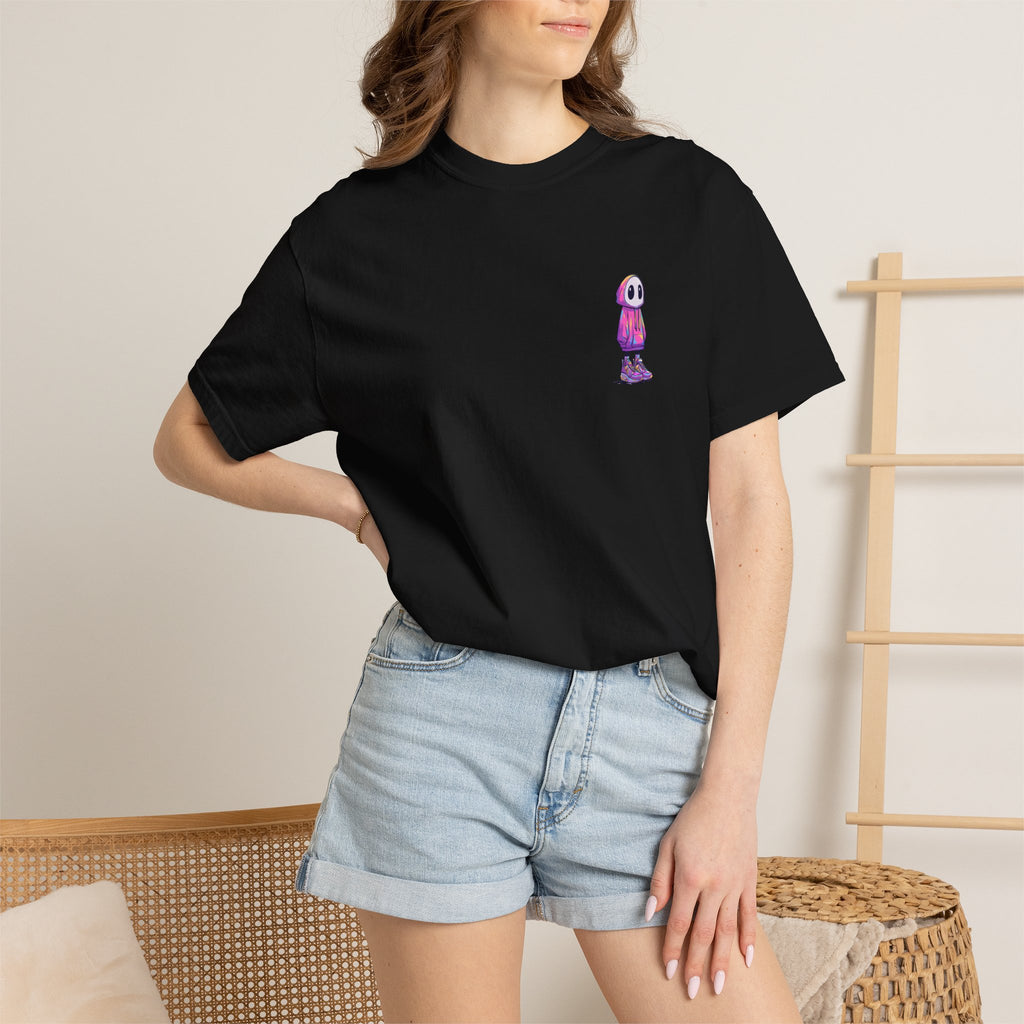 ​"Black streetwear t-shirt with a small colorful cyber hooded character graphic print on the chest."