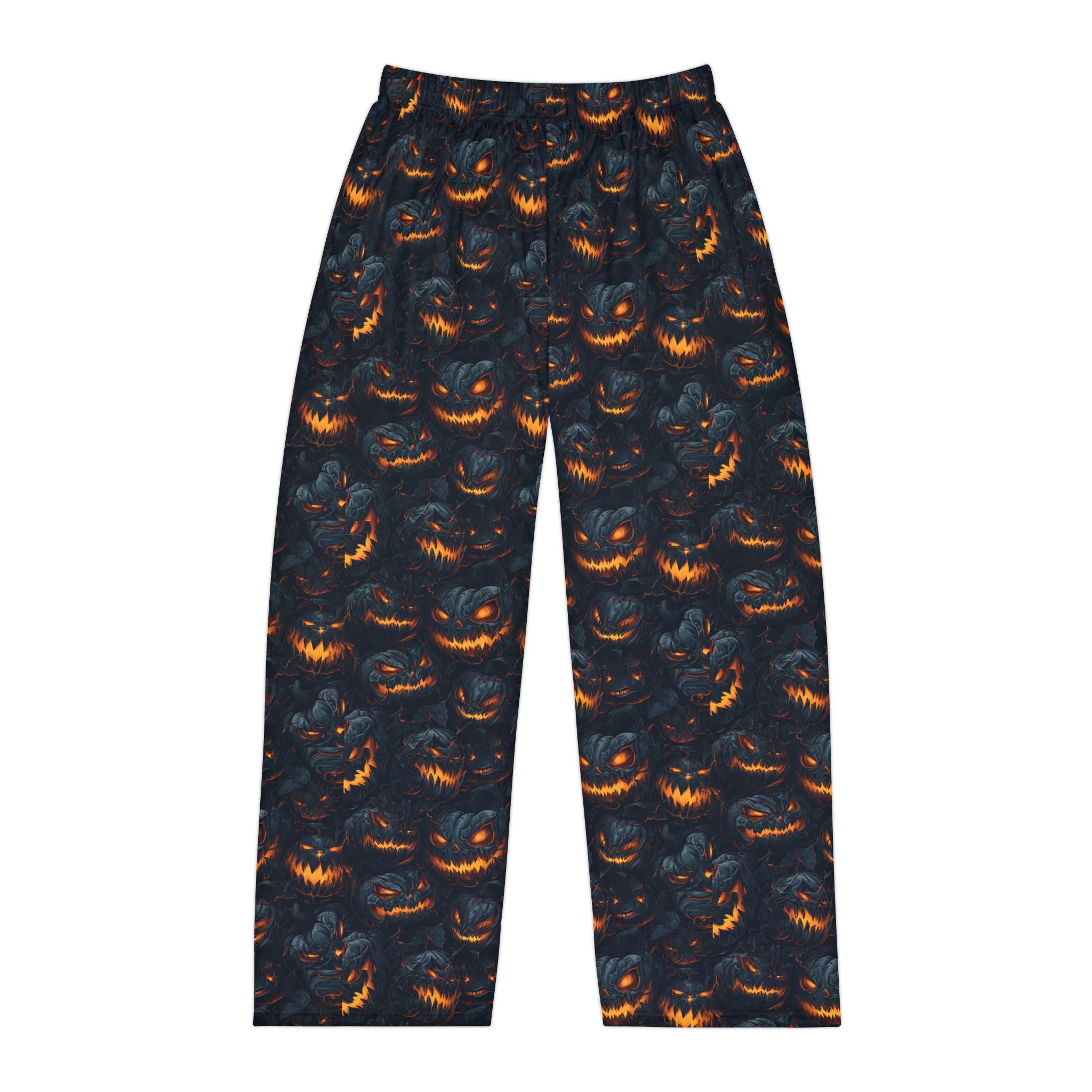 Men's orange pumpkin print pajama pants, folded flat