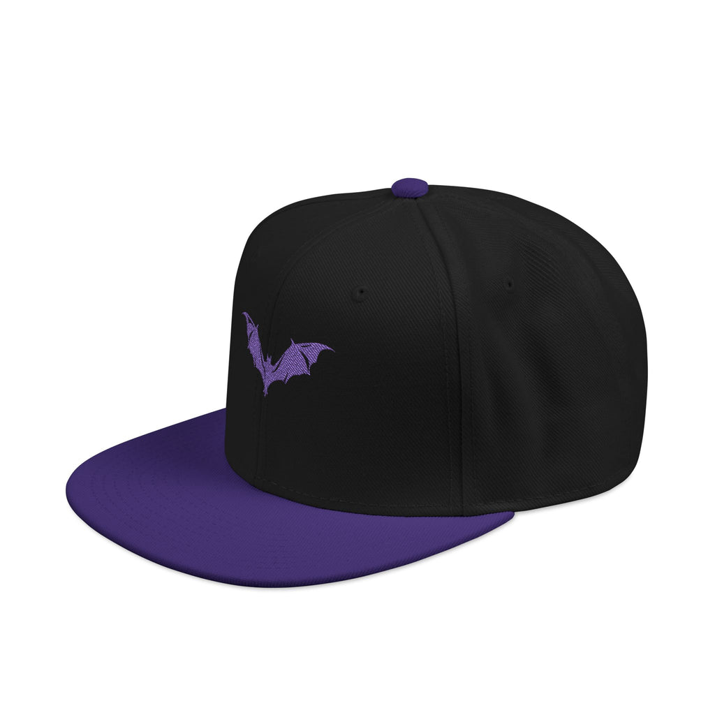 Purple bat embroidered snapback cap, angled view