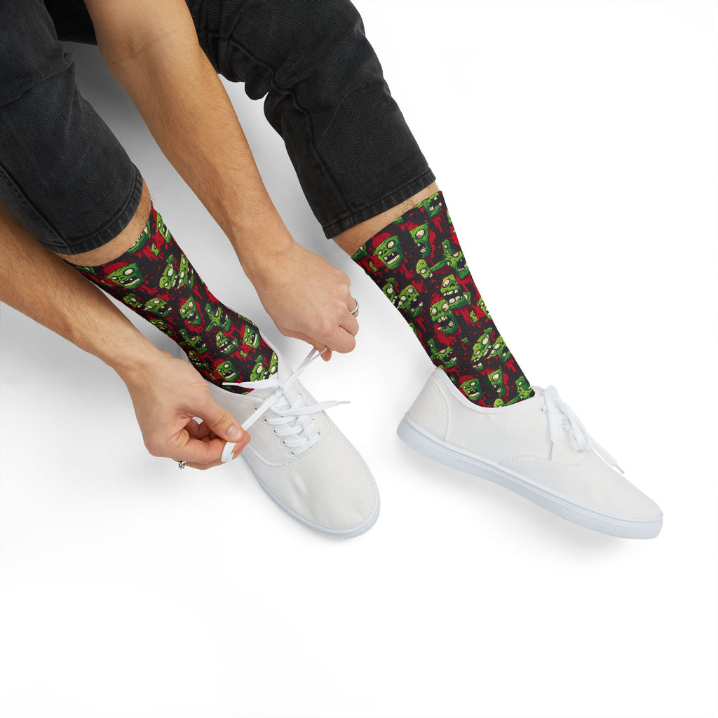 Zombie Heads Halloween crew socks, neon green horror print