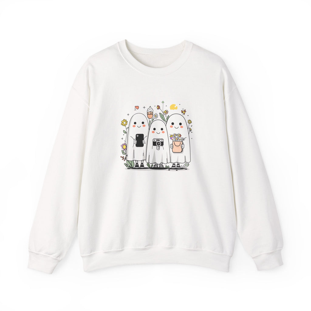 Kawaii Ghost Friends Crewneck Sweatshirt – Cute Cottagecore Aesthetic Pullover, Floral Halloween Sweatshirt, Cozy Gift for Her, Unisex Crew Neck