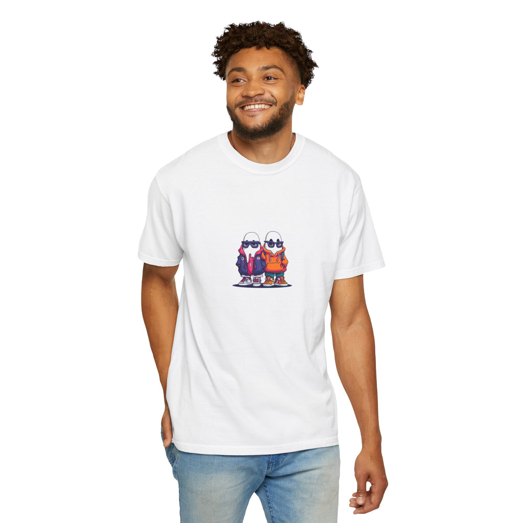 Duo Hood minimalist streetwear graphic tee, cool duo print