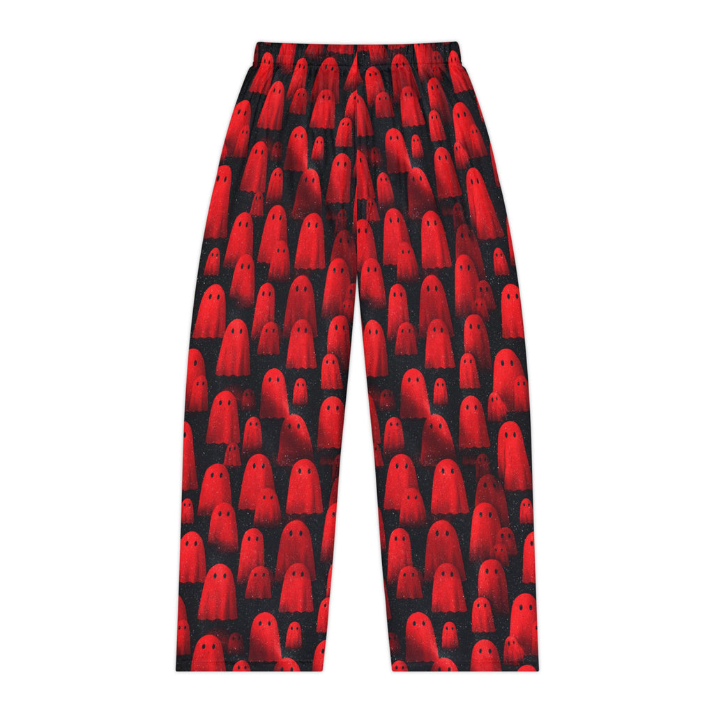 Close-up of women's red ghost print pajama pants fabric