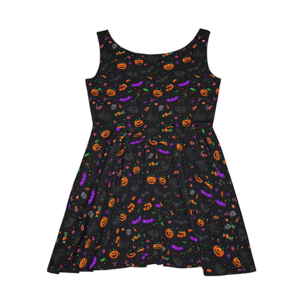 Close-up of psychedelic pumpkin skater dress fabric