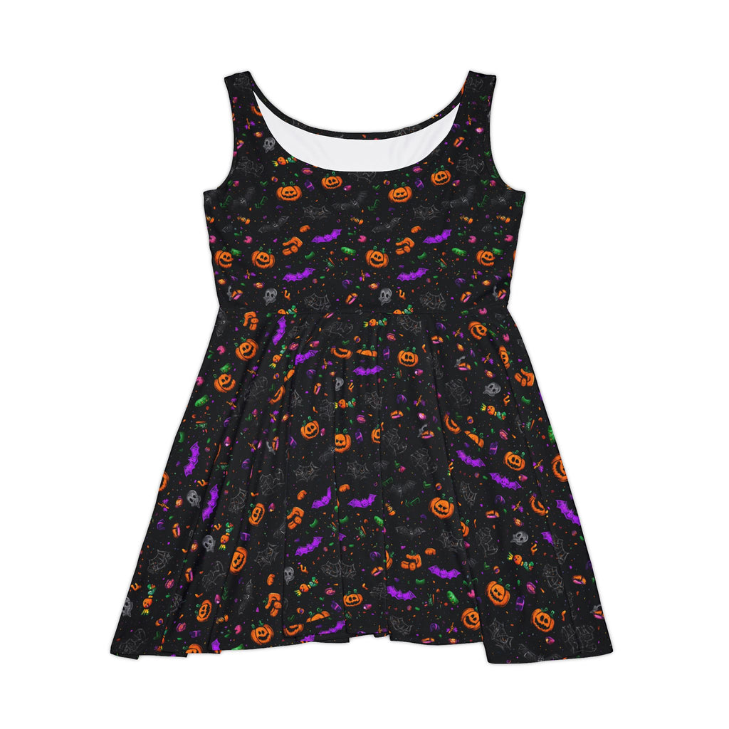 Psychedelic pumpkin print skater dress, folded flat