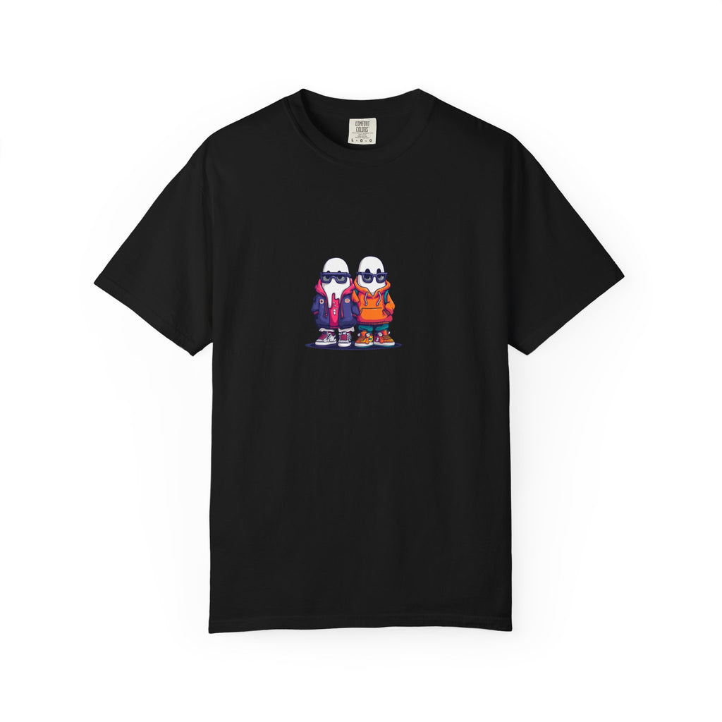 Duo Hood minimalist streetwear graphic tee, cool duo print