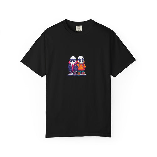 Duo Hood minimalist streetwear graphic tee, cool duo print