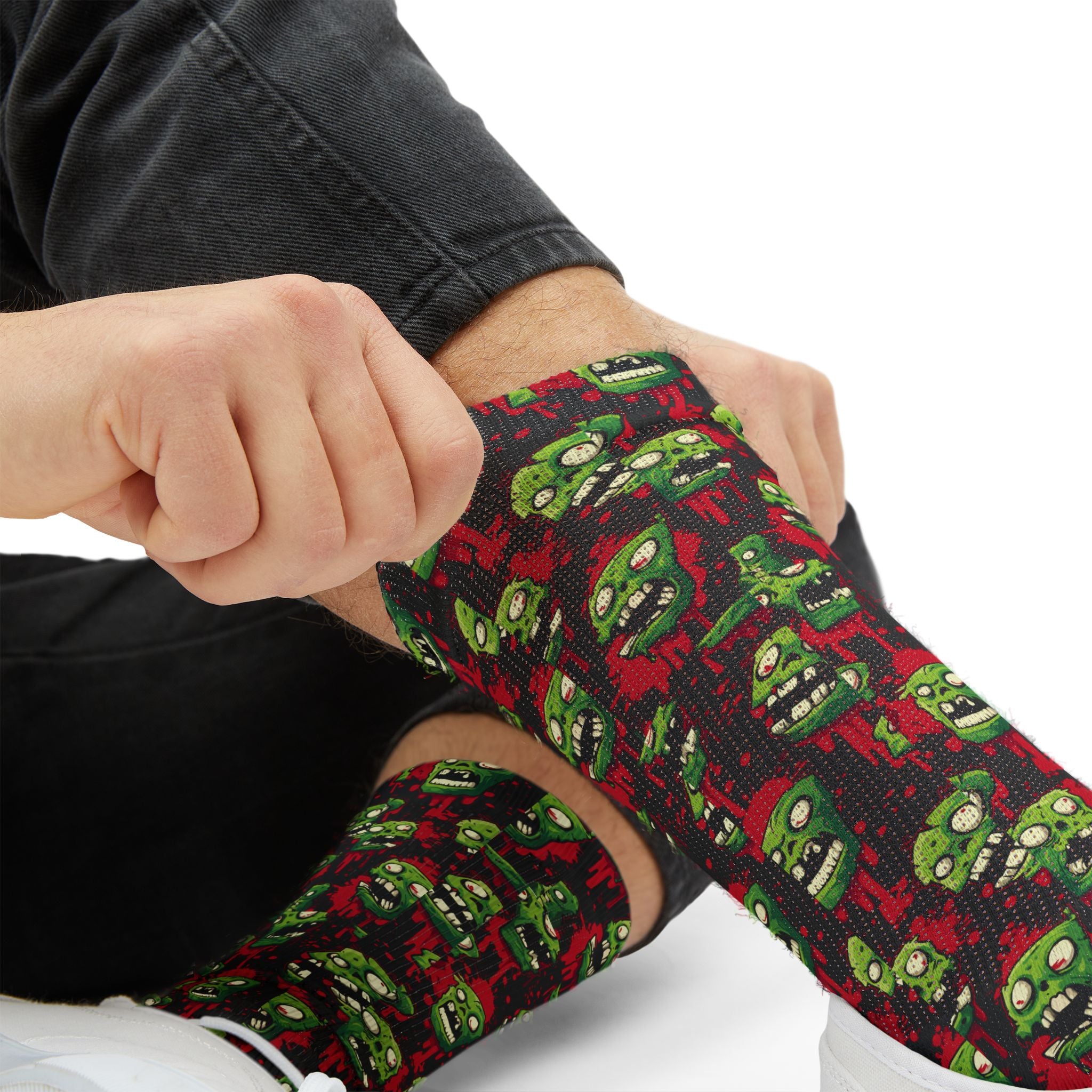 Zombie Heads Halloween crew socks, neon green horror print