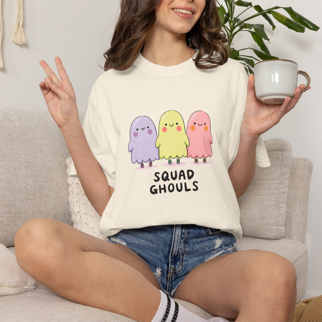 Squad Ghouls pastel ghost graphic tee, oversized streetwear Halloween shirt