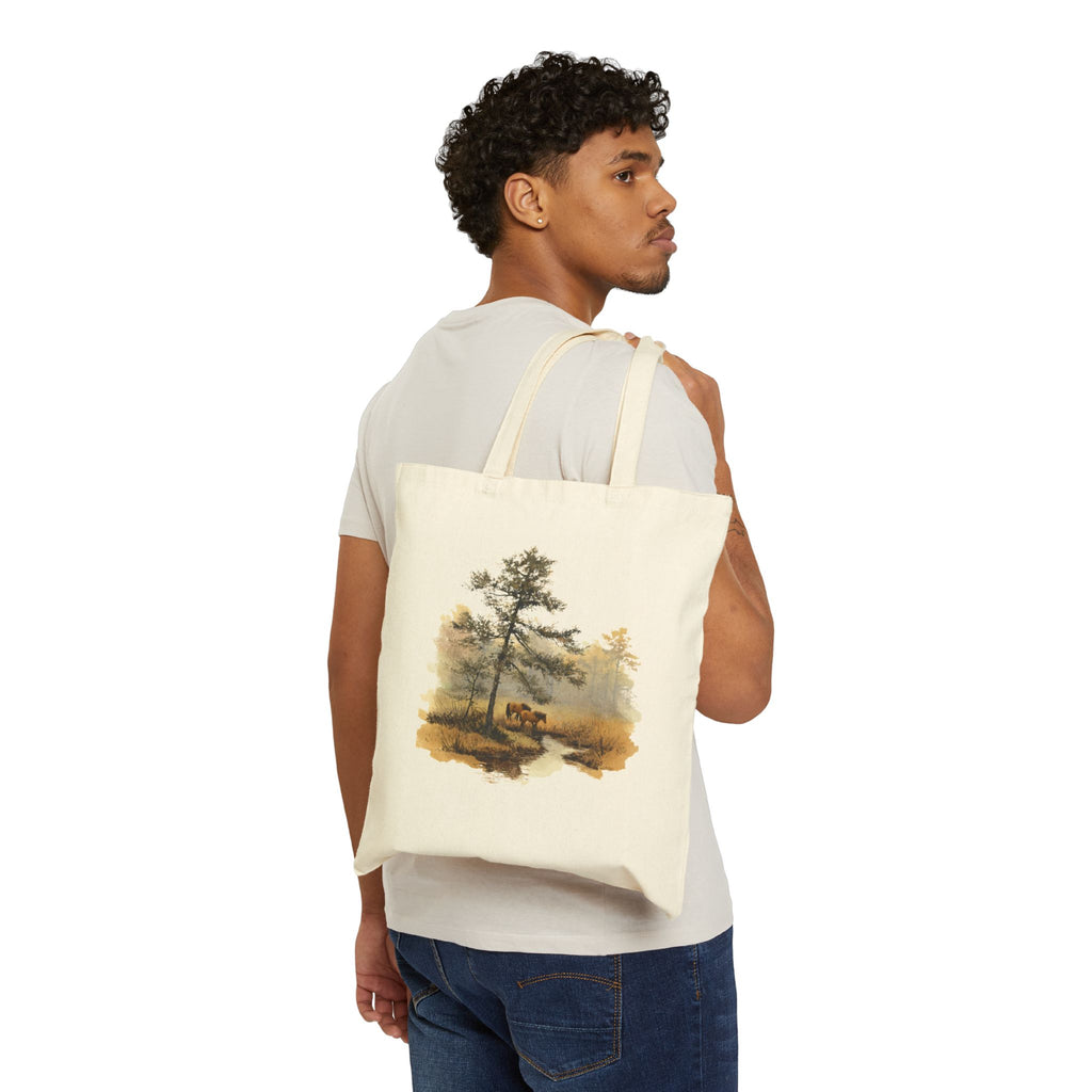 Vintage wild horses forest landscape tote bag, close-up