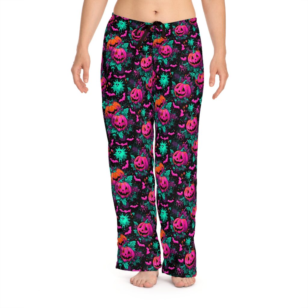 Women's ghost and pumpkin pajama pants worn, front view