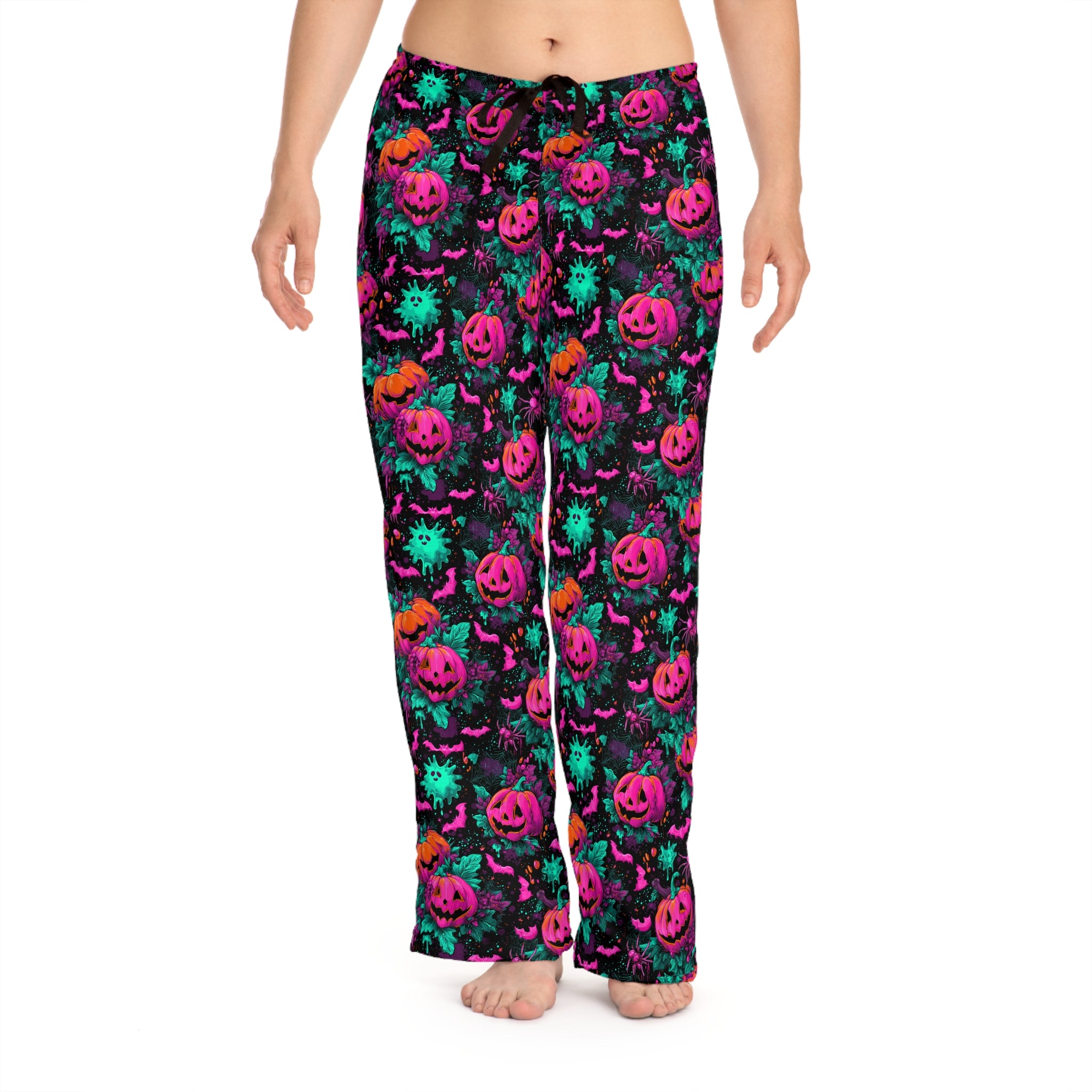 Women's ghost and pumpkin pajama pants worn, front view