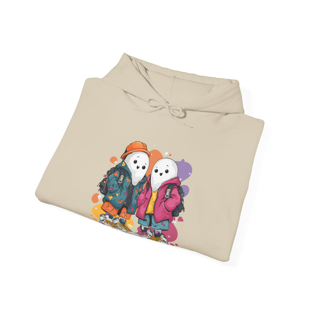 Streetwear Ghost Best Friends Hoodie – Cute Graphic Skater Ghosts Pullover, Matching BFF Sweatshirt, Halloween & Winter Holiday Gift, Unisex Hooded Sweatshirt