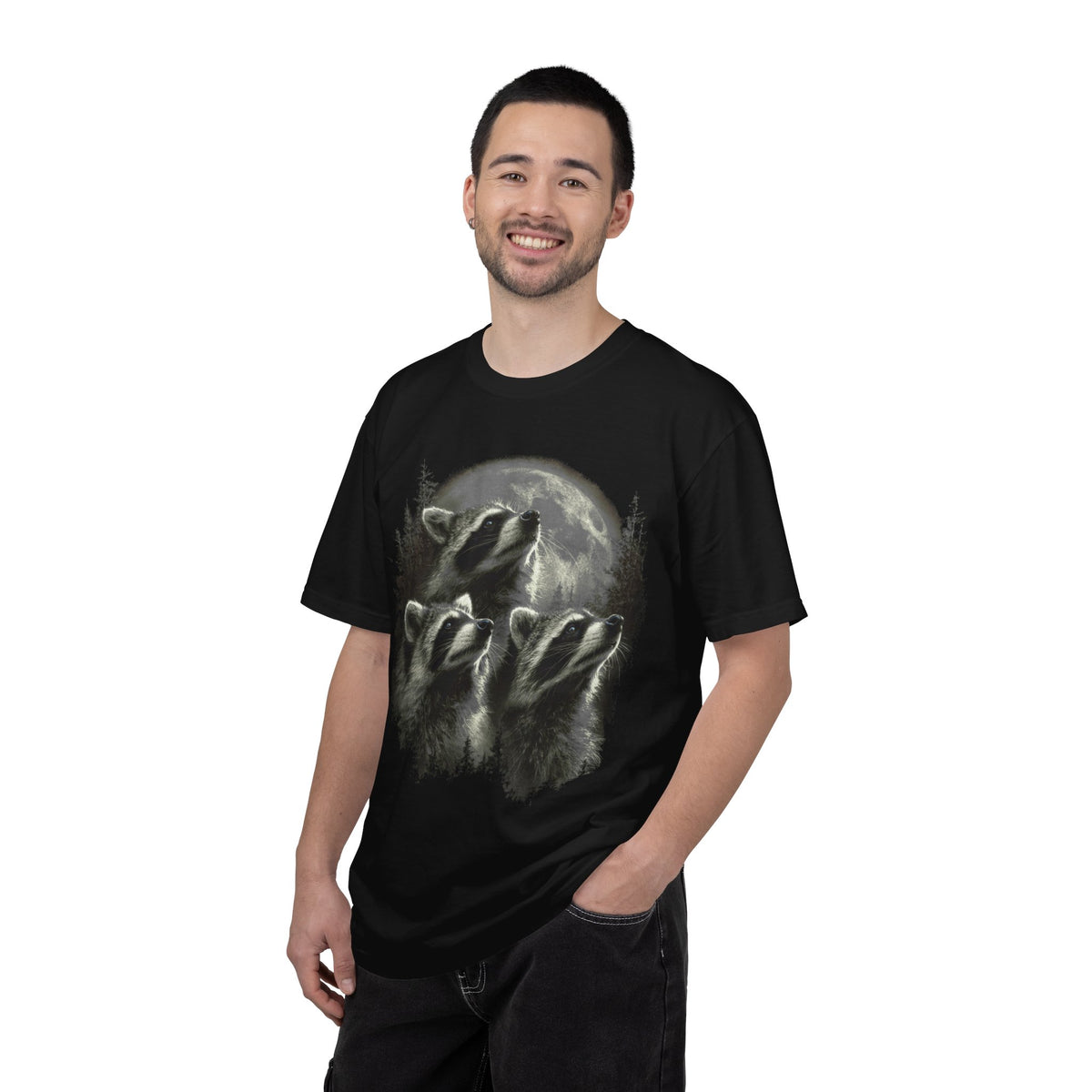 Trash panda raccoon graphic tee worn, front view