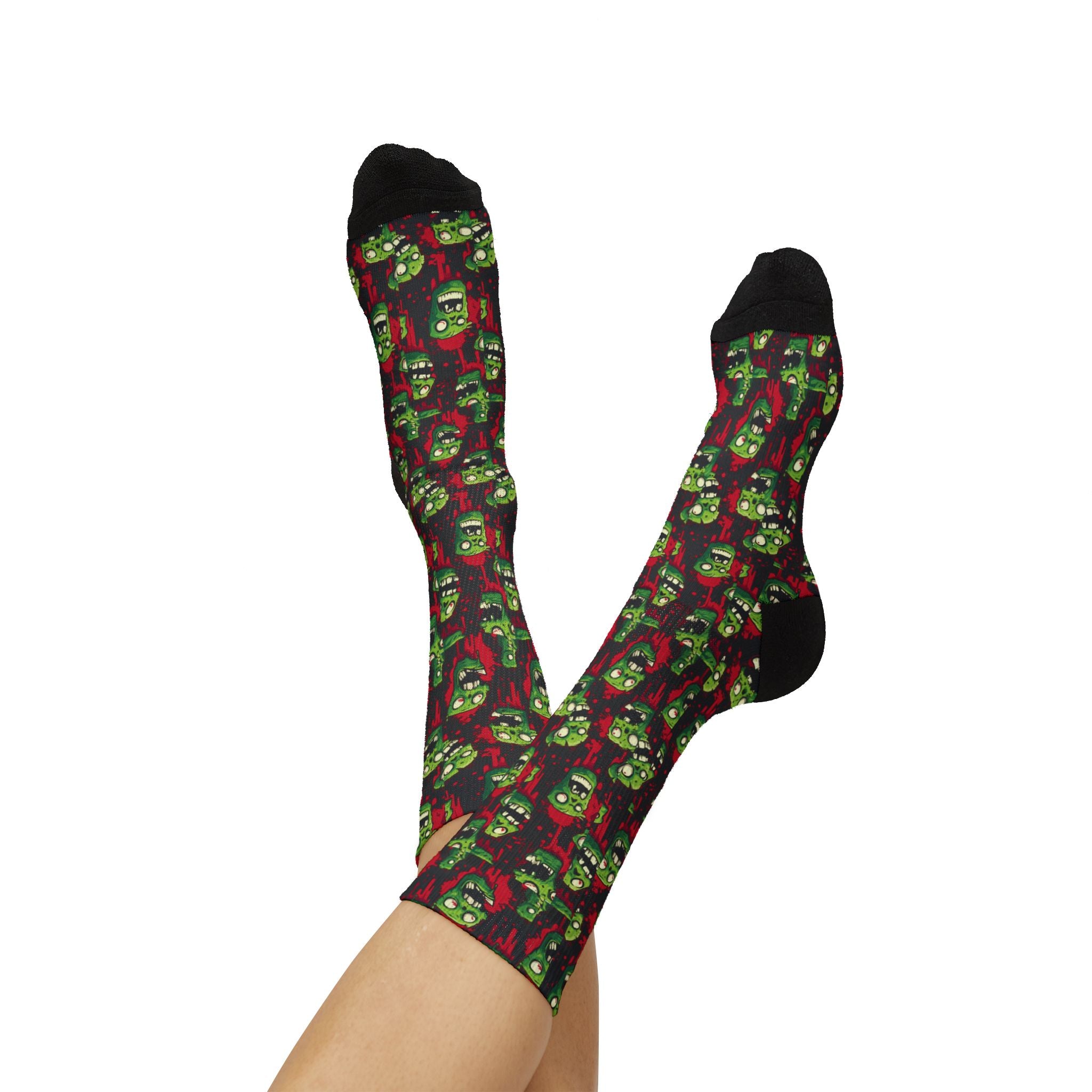 Zombie Heads Halloween crew socks, neon green horror print