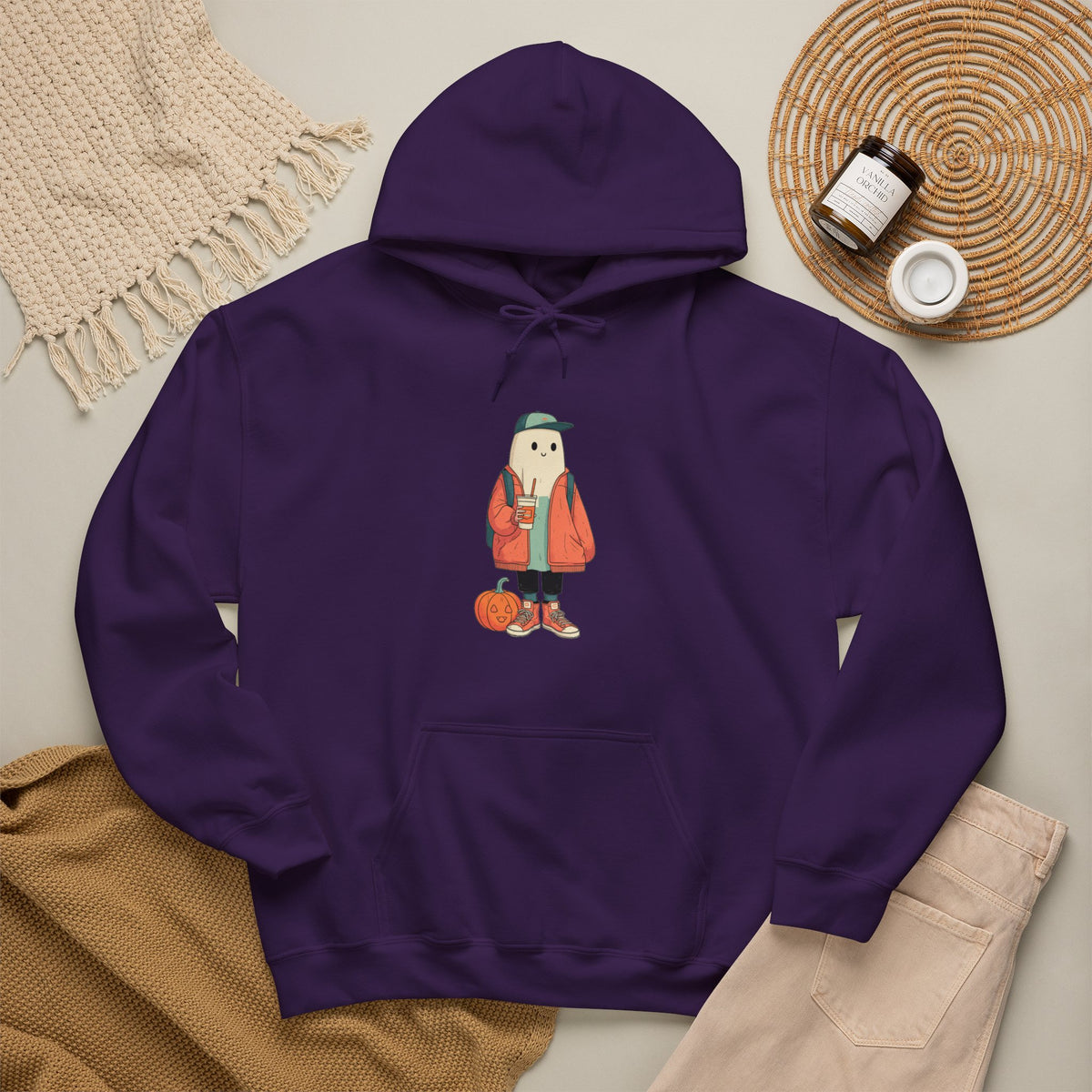 Streetwear Ghost Pumpkin Spice Hoodie – Cute Fall Graphic Sweatshirt, Halloween Coffee Run Pullover, Cozy Autumn Gift, Unisex Hooded Sweatshirt