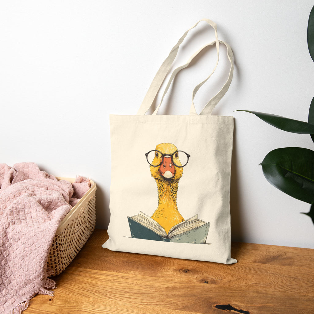 Bookish duck tote bag worn on shoulder