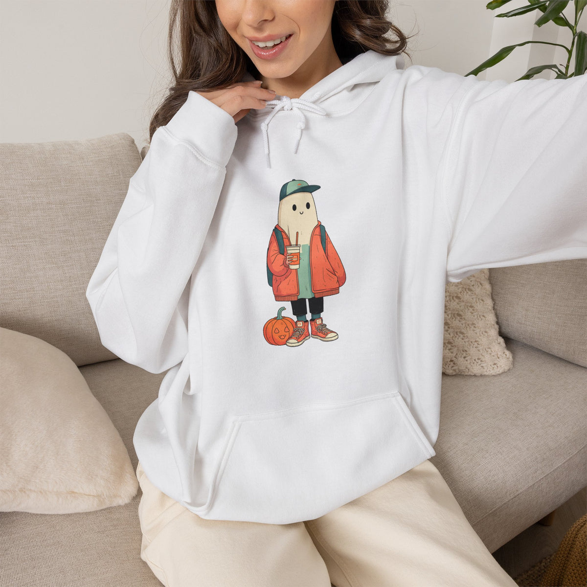 Streetwear Ghost Pumpkin Spice Hoodie – Cute Fall Graphic Sweatshirt, Halloween Coffee Run Pullover, Cozy Autumn Gift, Unisex Hooded Sweatshirt