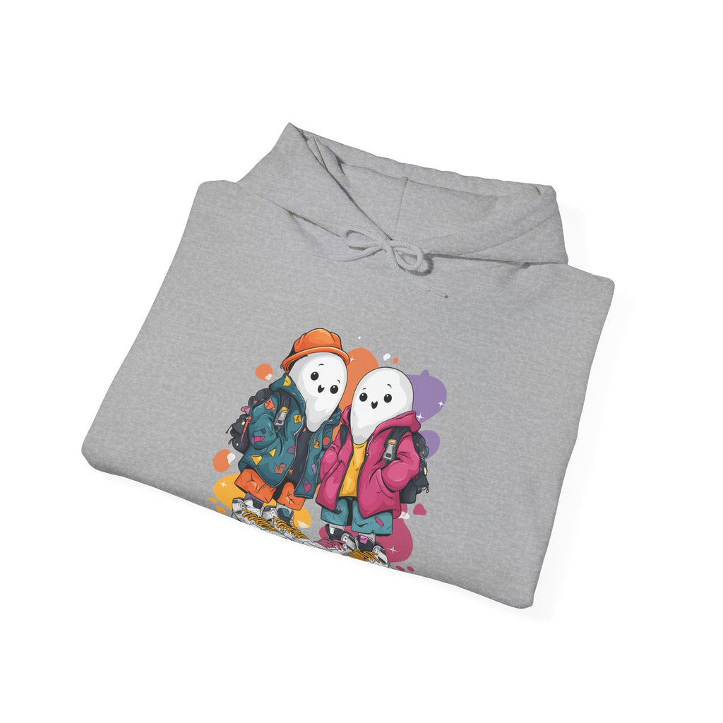 Streetwear Ghost Best Friends Hoodie – Cute Graphic Skater Ghosts Pullover, Matching BFF Sweatshirt, Halloween & Winter Holiday Gift, Unisex Hooded Sweatshirt