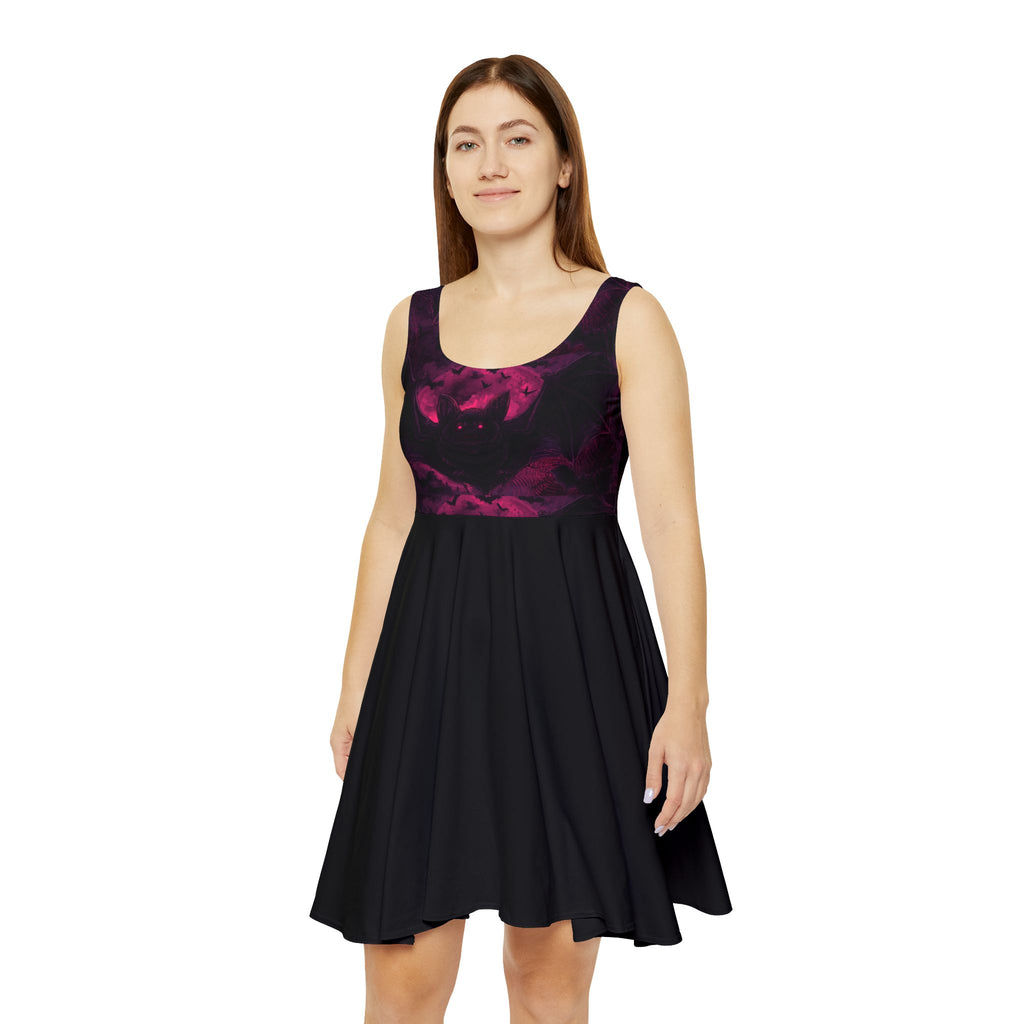 Purple galaxy bat skater dress worn, front view