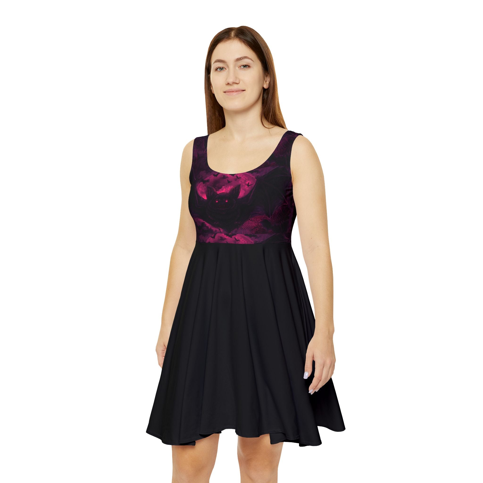 Purple galaxy bat skater dress worn, front view