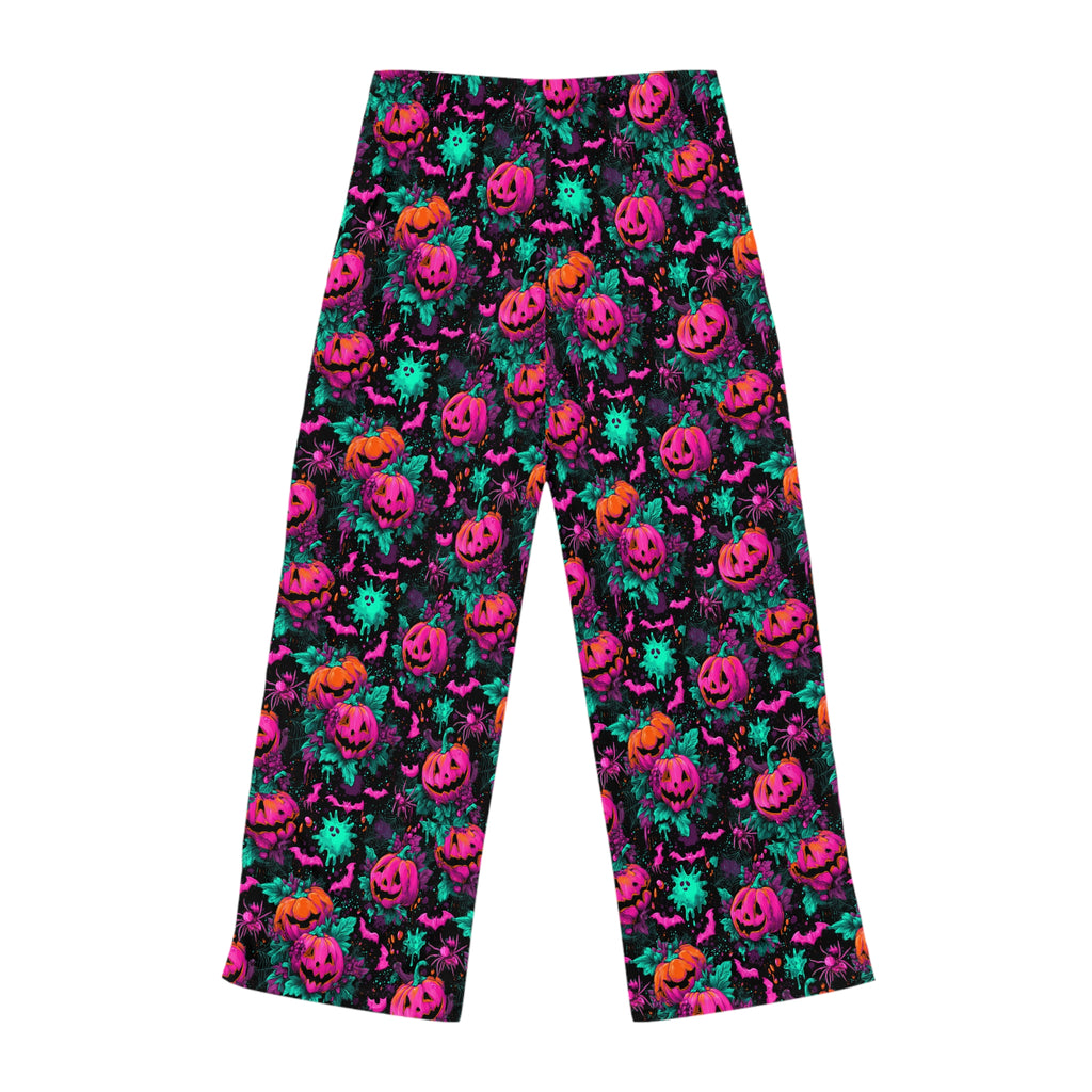 Close-up of ghost and pumpkin pajama pants fabric