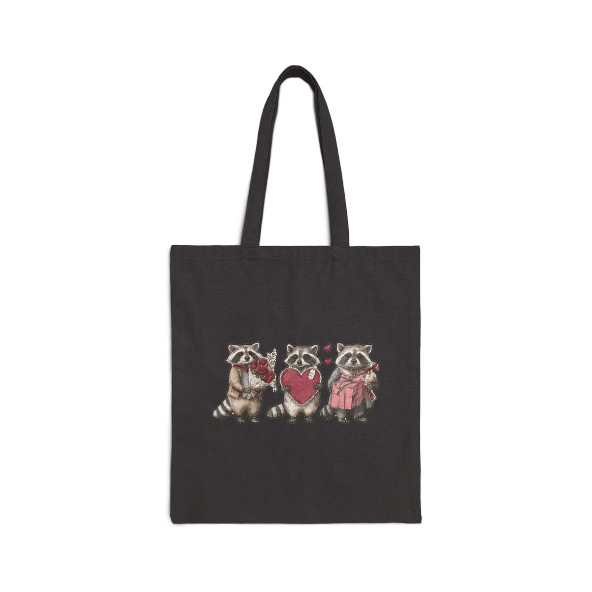 Raccoon heart tote bag worn on shoulder