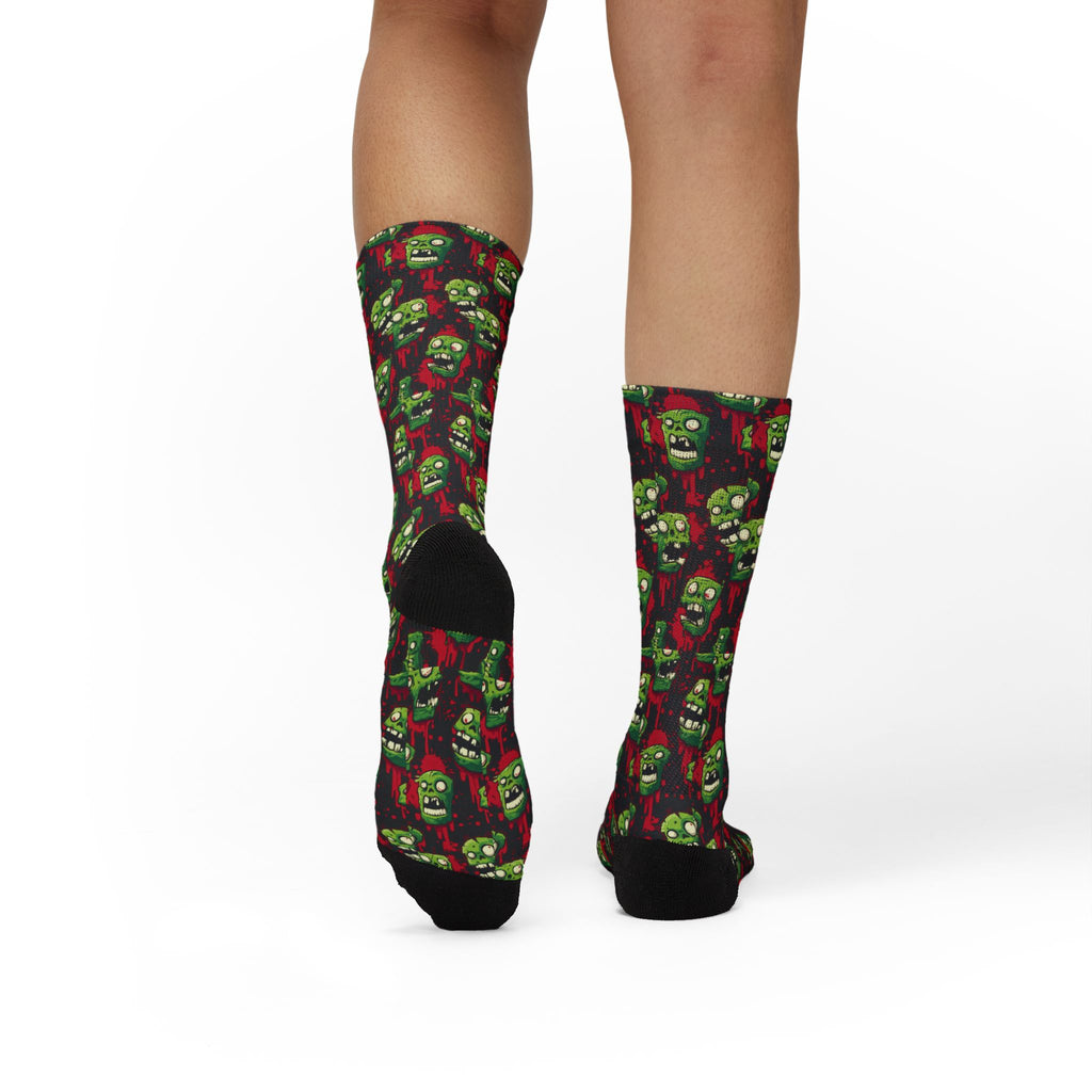 Zombie Heads Halloween crew socks, neon green horror print