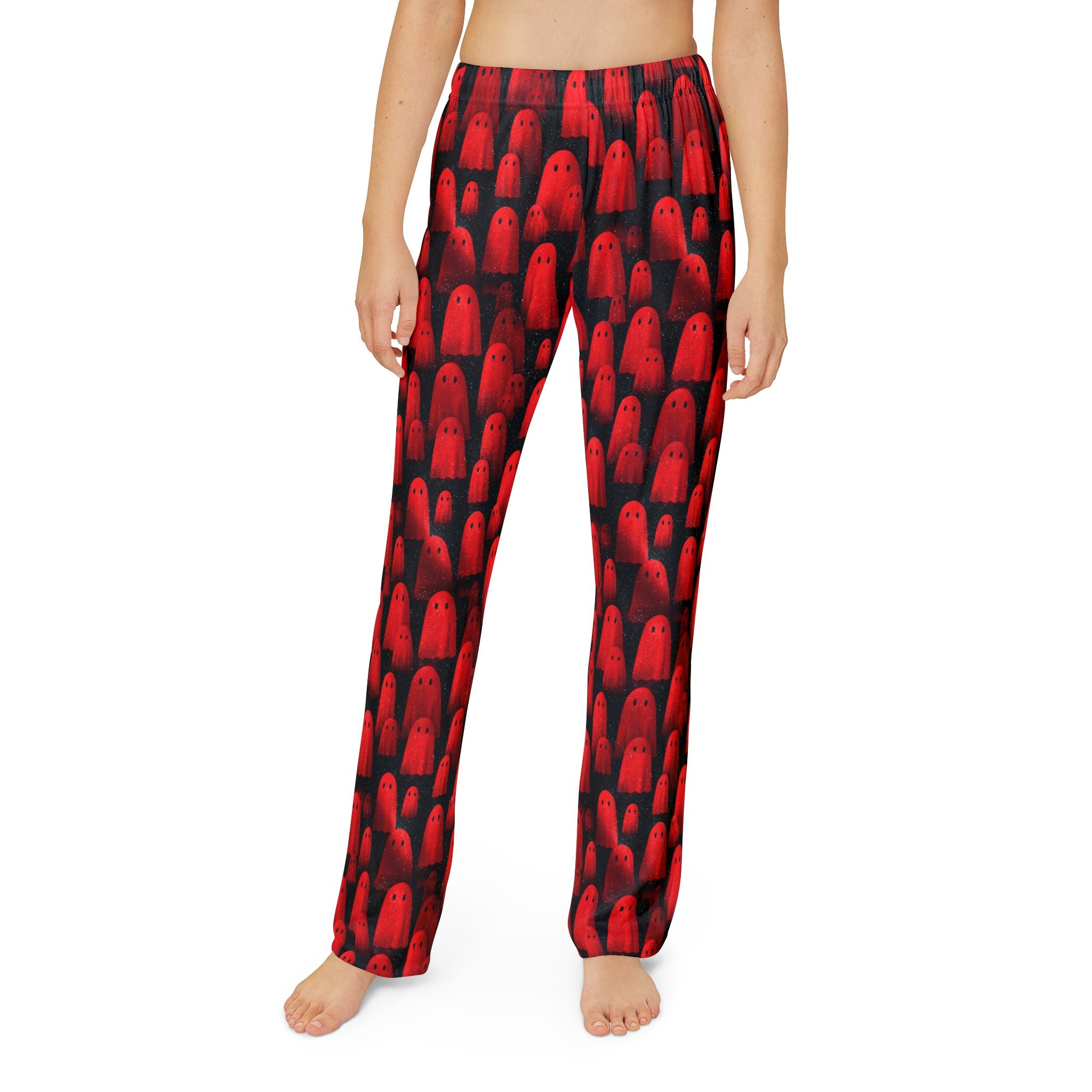 Kids red ghost print pajama pants worn, front view