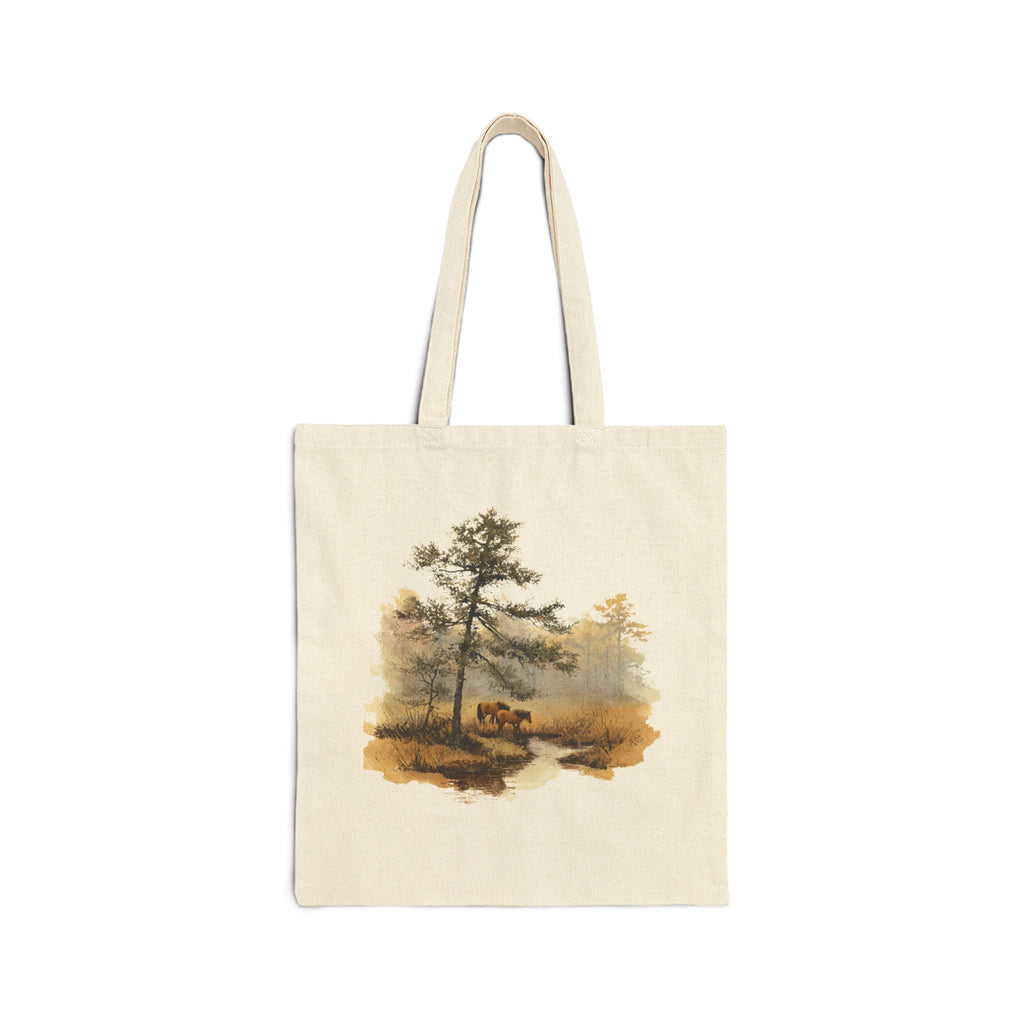 Vintage watercolor wild horses forest tote bag, worn on shoulder