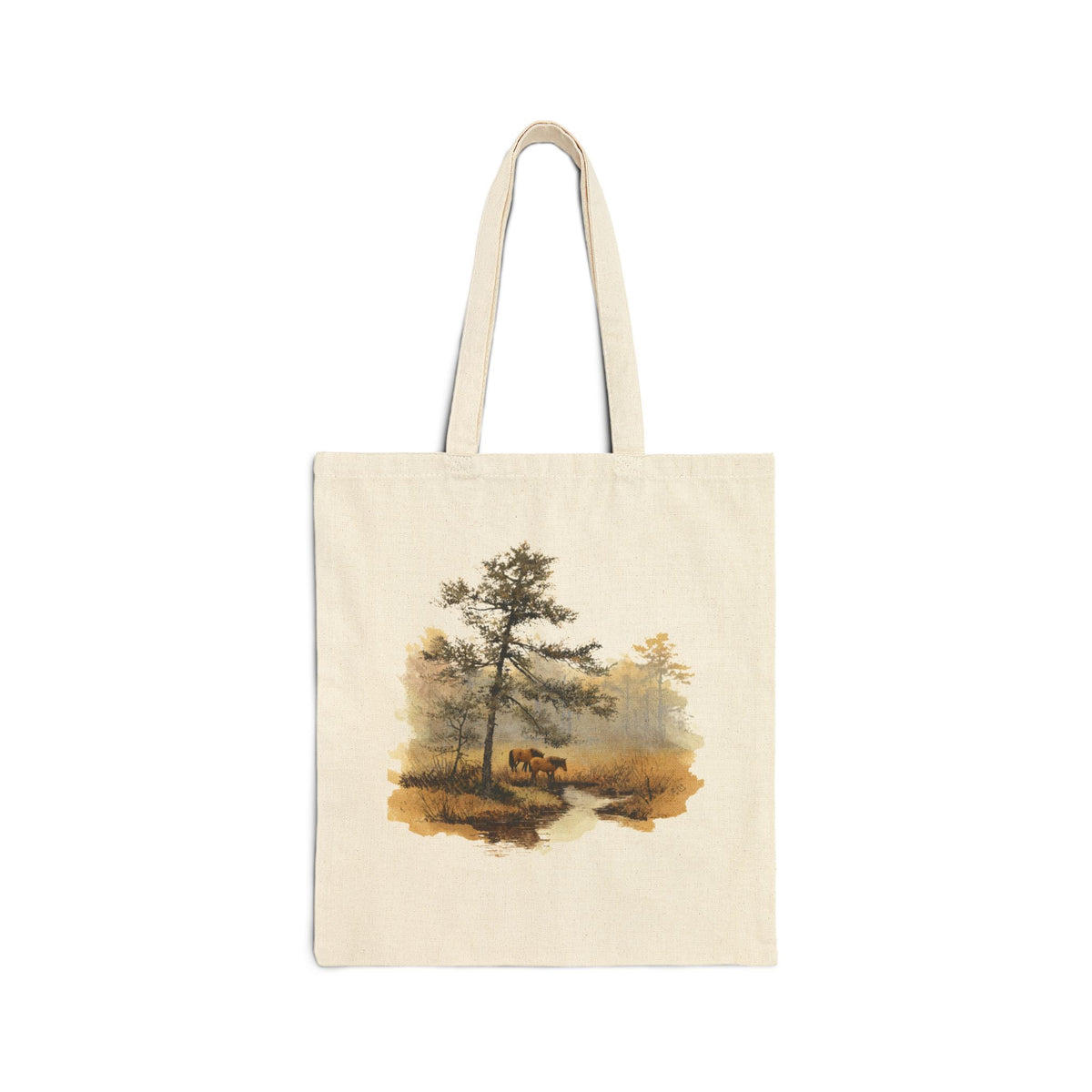 Vintage watercolor wild horses forest tote bag, worn on shoulder