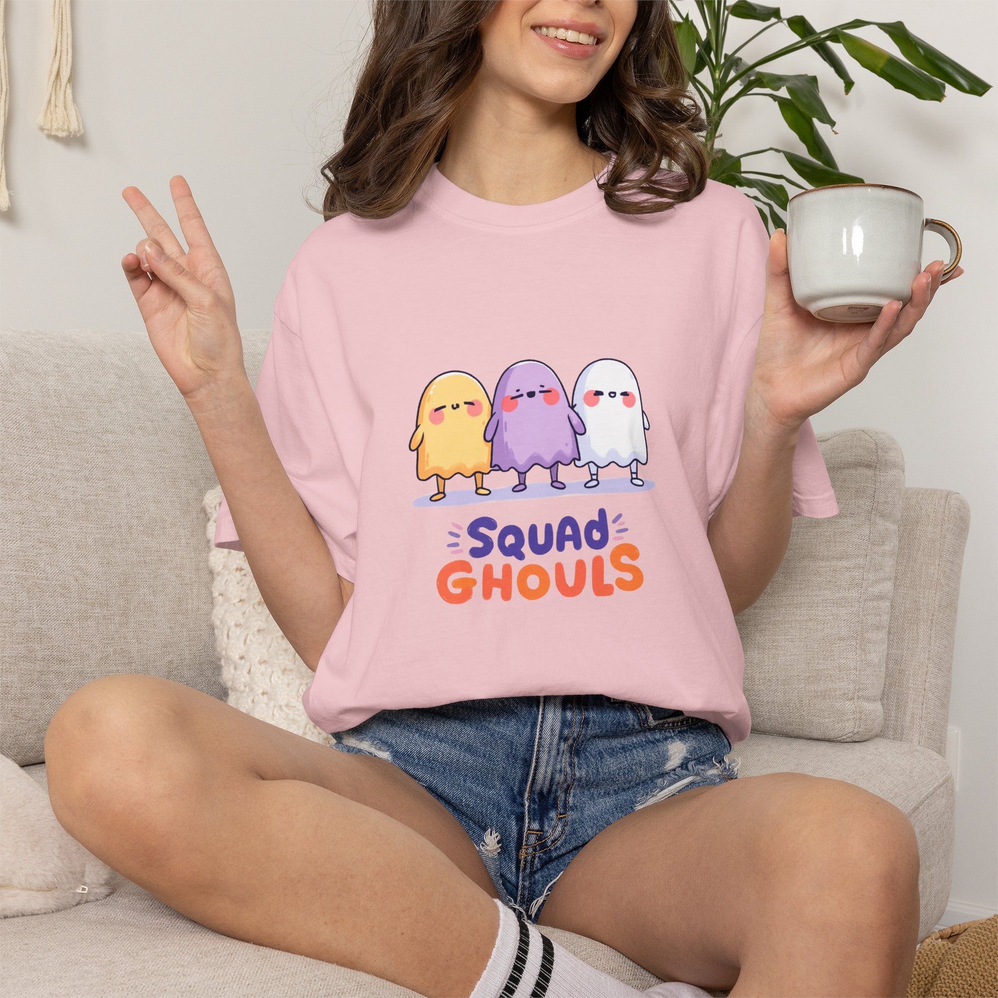 Squad Ghouls cute ghost graphic tee, oversized streetwear Halloween shirt
