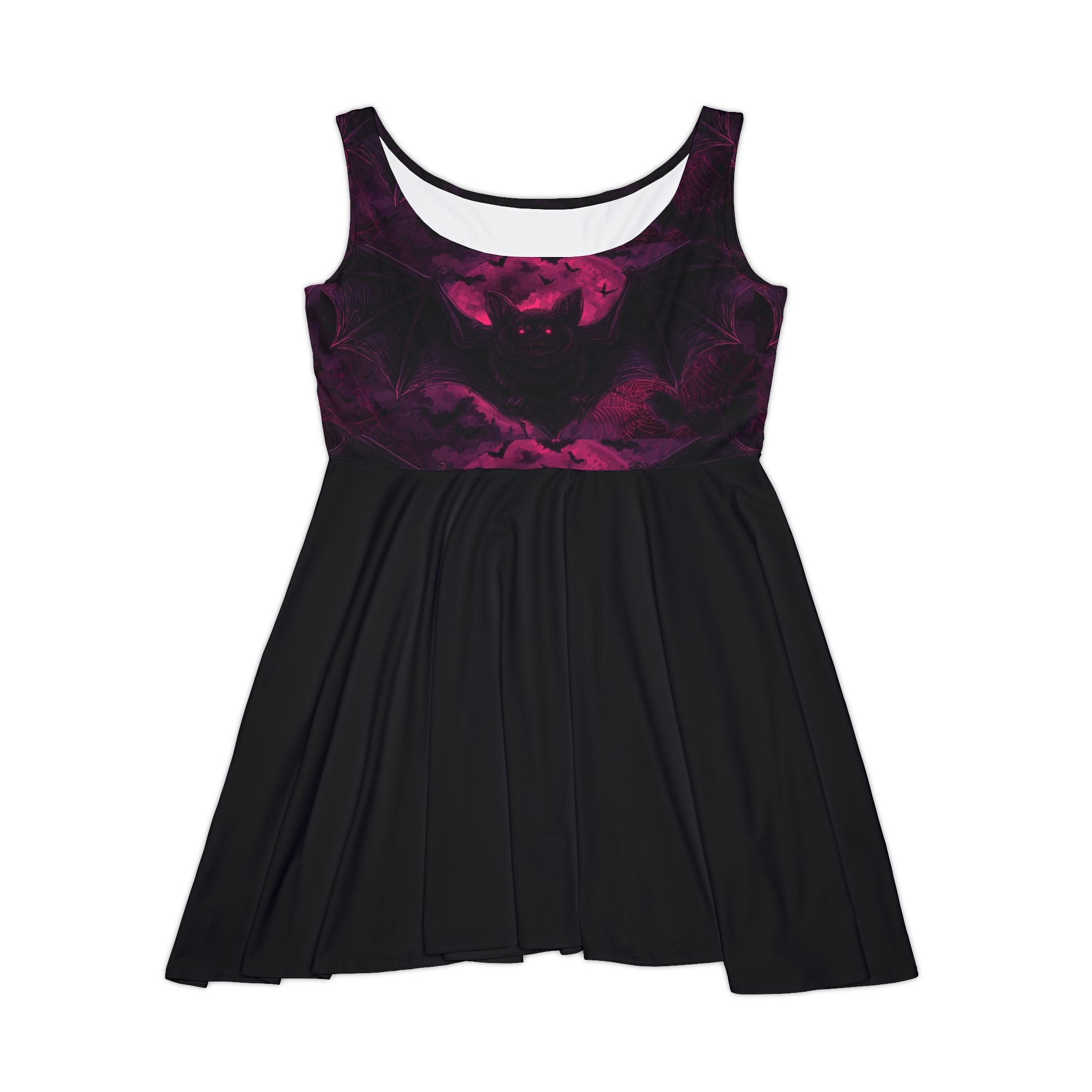 Purple galaxy bat print skater dress, folded flat