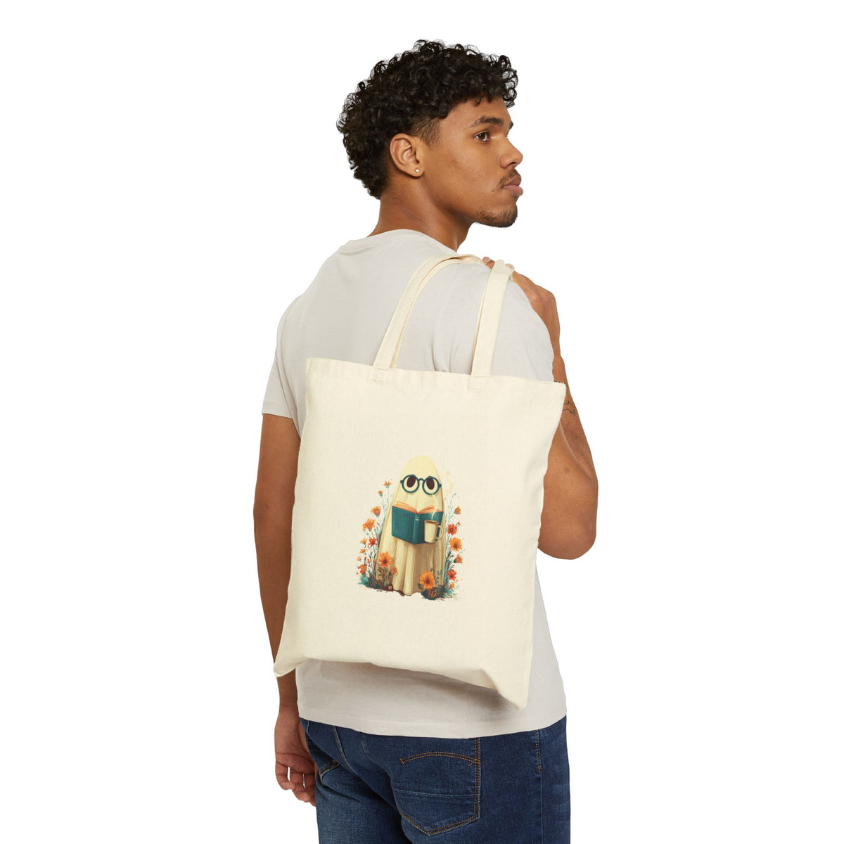 Ghost tote bag with book illustration, flat lay