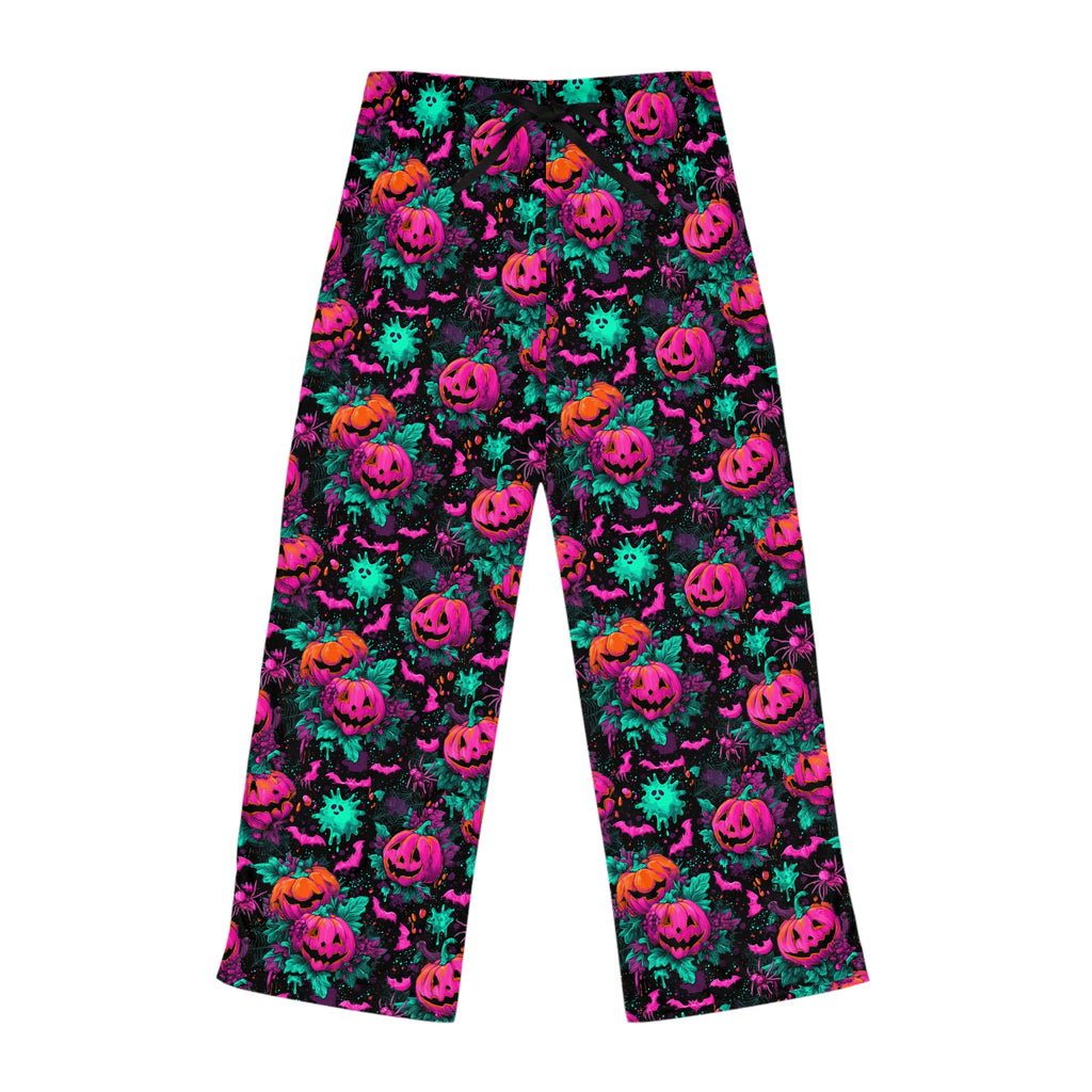 Women's ghost and pumpkin print Halloween pajama pants, folded flat