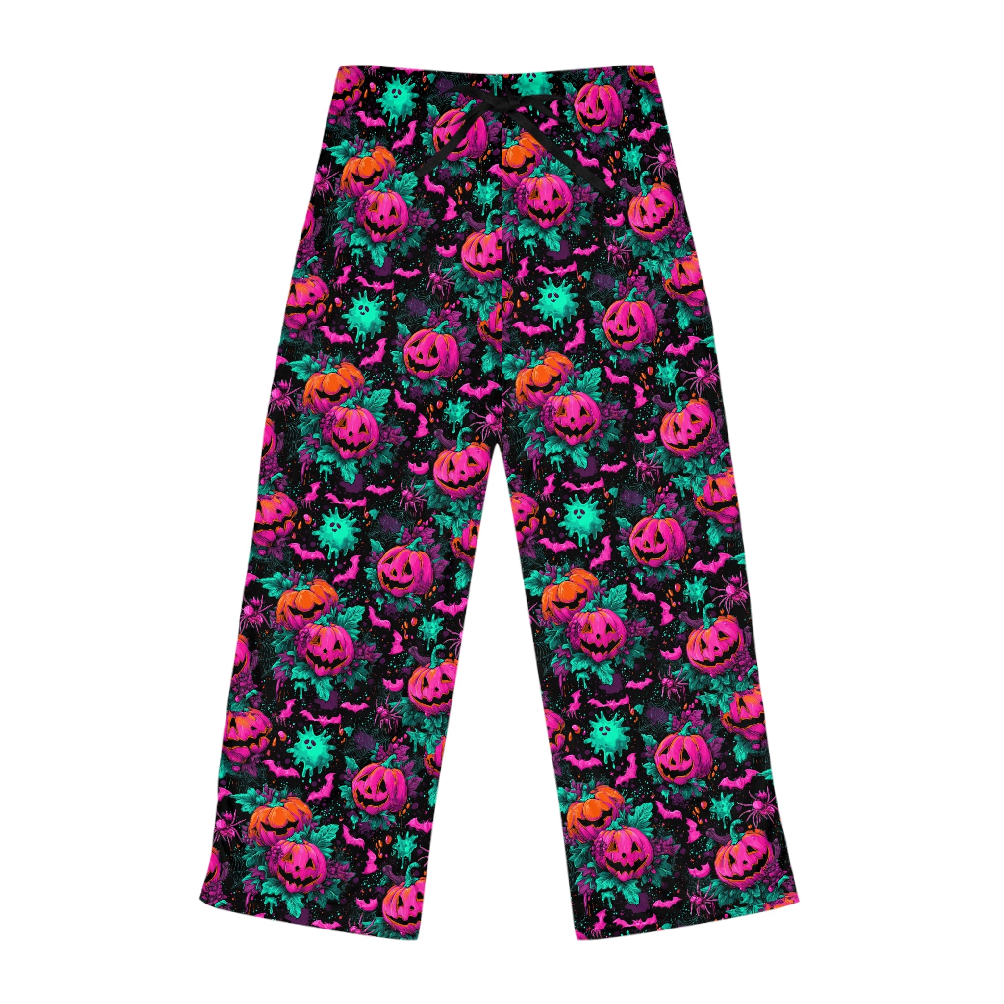 Women's ghost and pumpkin print Halloween pajama pants, folded flat